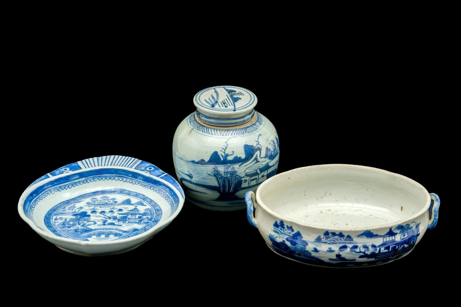 3 Chinese Canton Incl. Shrimp Dish, Ginger Jar, and Tureen: 1.) Ginger Jar with Lid. 2.) Shrimp Dish. 3.) Tureen Dish missing Lid. All in good condition with normal use. 6-1/2" to 10-3/4" wide. 
