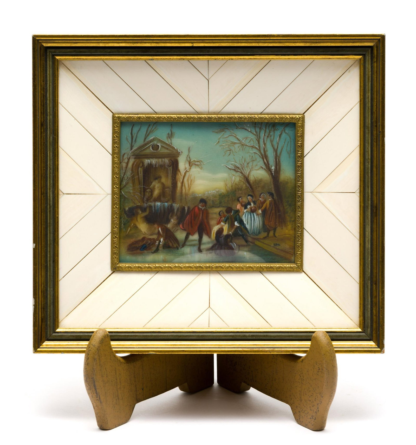 Antique Miniature Painting: A rectangular convex painting in a bone laminate frame. After Nicolas Lancret, The Winter, 18th Century. Signed in lower right corner. The frame is 7" X 7 1/2".
