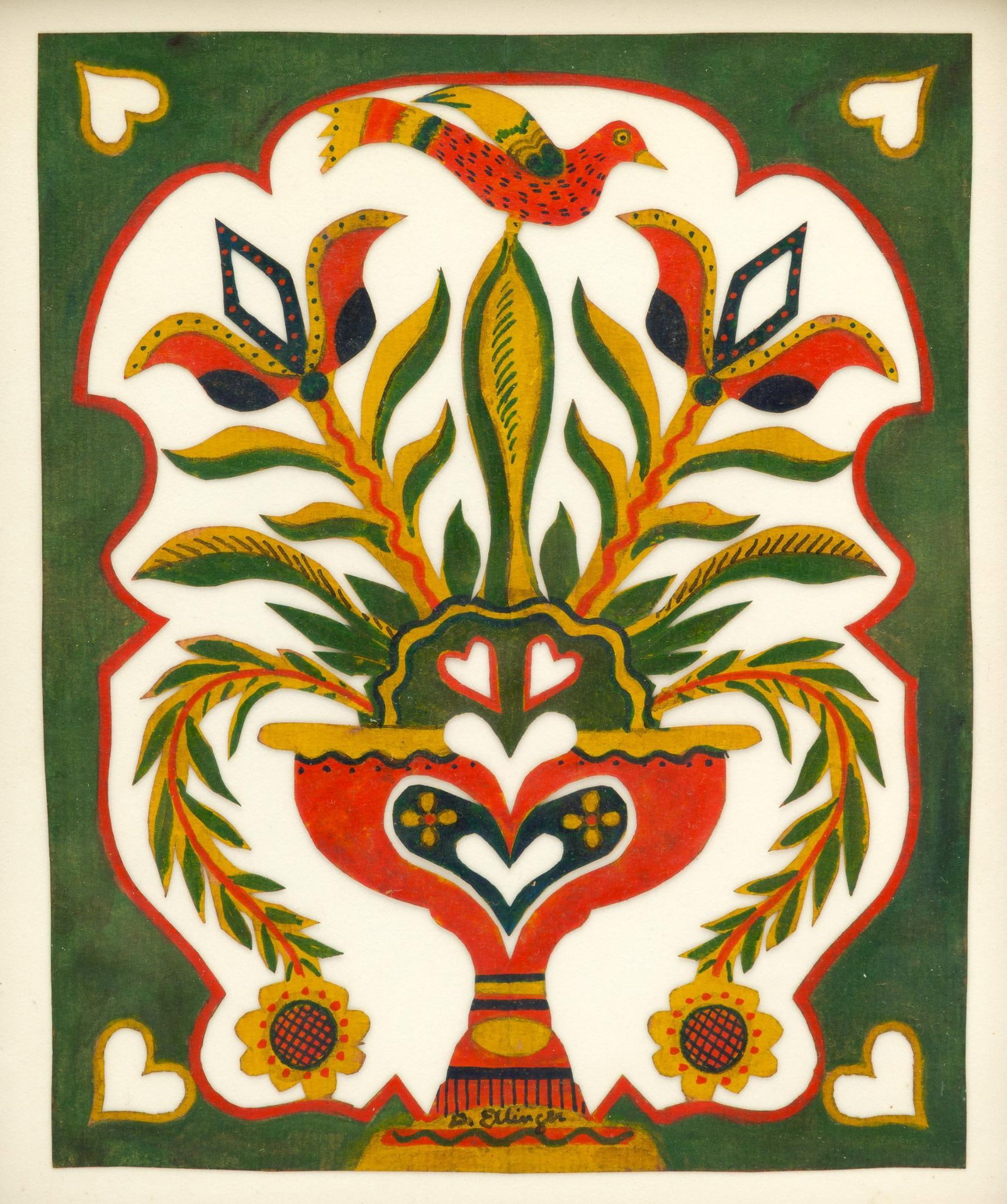 David Ellinger (1913-2003, American) Scherenschnitte: Ellinger's progress as an artist accelerated in 1935 when he joined the Works Progress Administration (WPA) to contribute to the Index of American Design project. He had solo exhibitions in prominent 