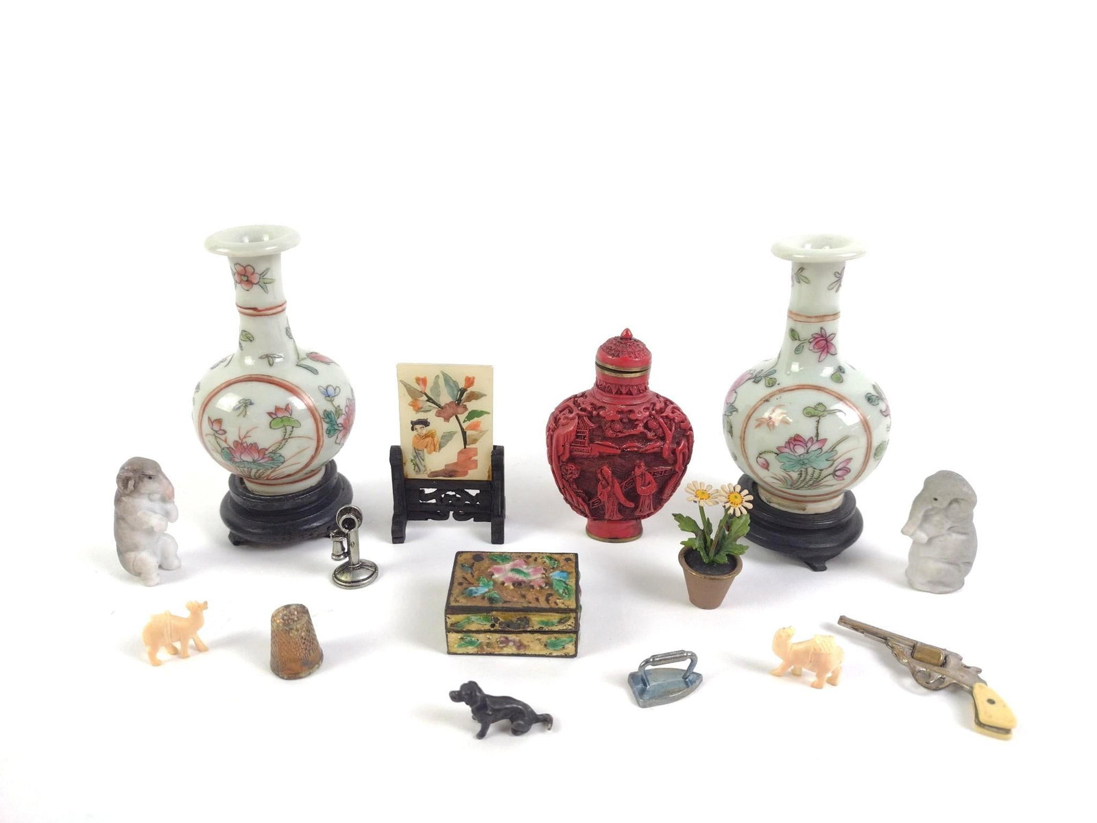 Assorted Miniature Objects Incl. Chinese Cinnabar Snuff Bottle (1 of 8)