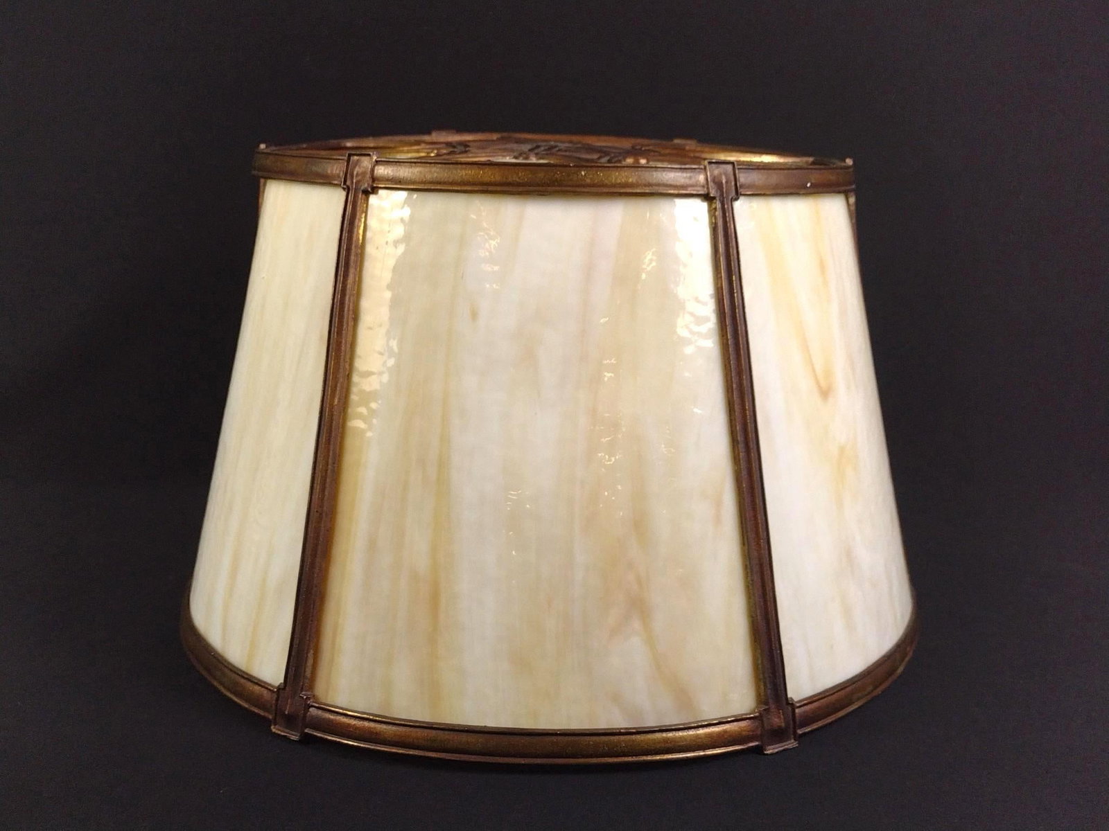 Large Variegated Slag Glass Lampshade: Large variegated slag lampshade. In good condition. Some slight bowing around the bottom. Top measures 13" and bottom measures 17.5". 