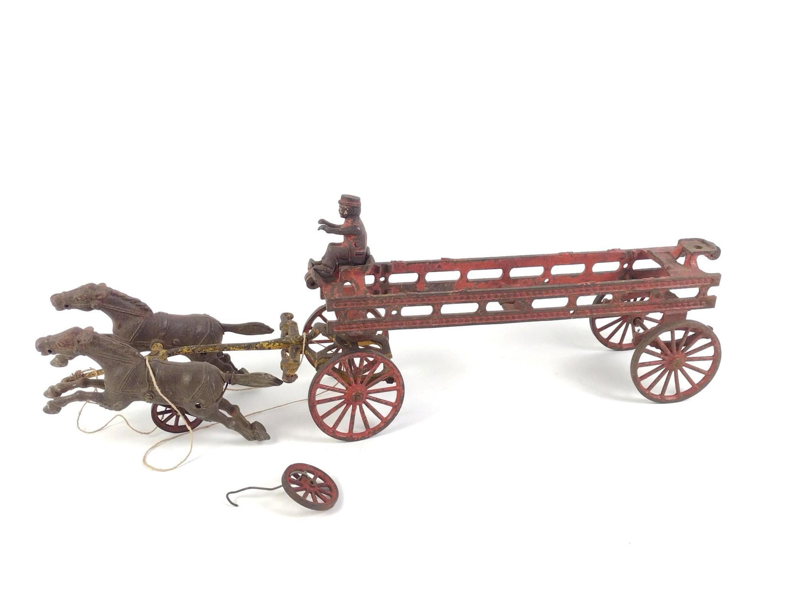 Vintage Cast Iron Two Horse Drawn Firefighter Wagon (1 of 4)