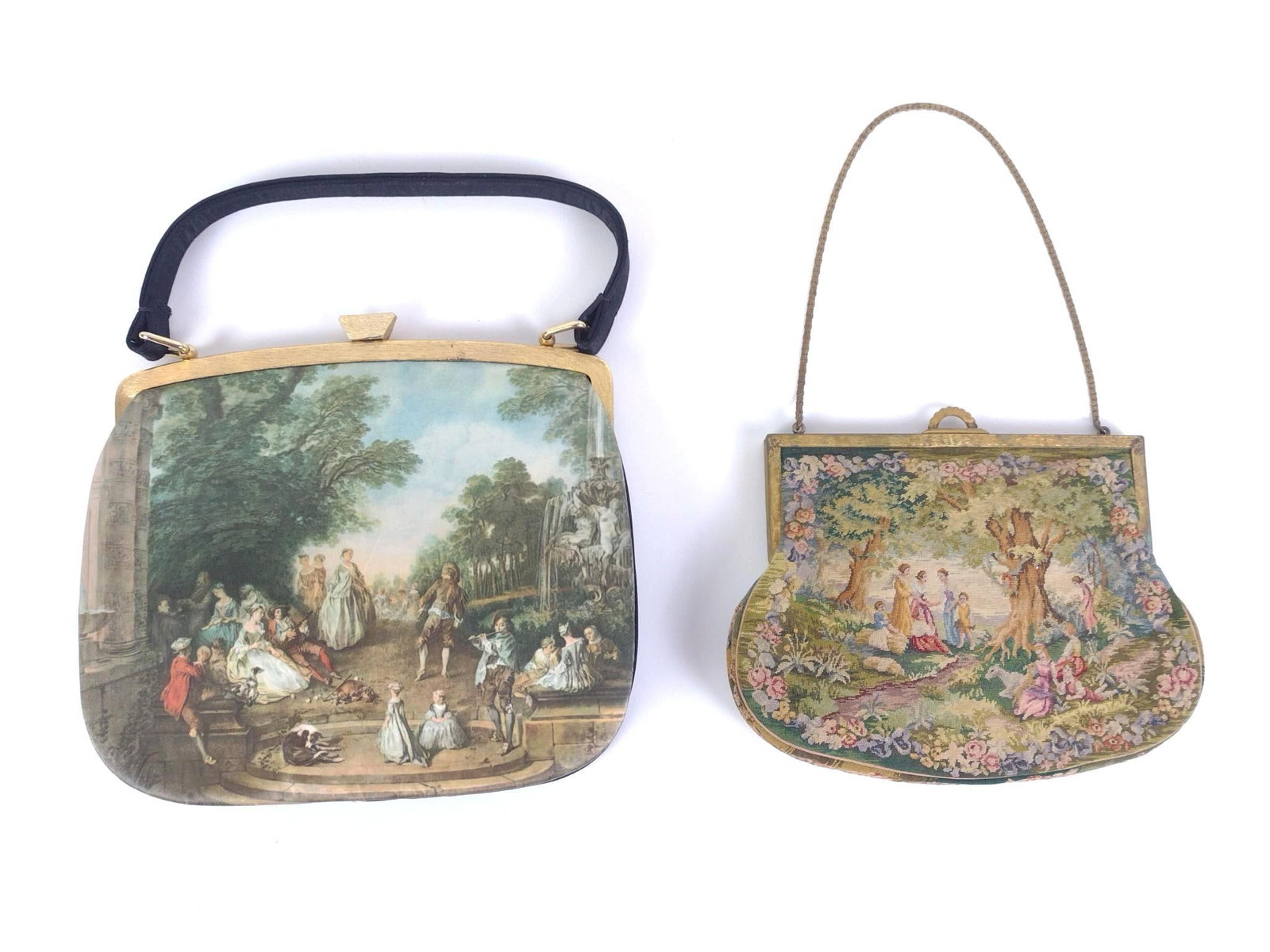 Mid-Century Needlepoint Handbag & Tano of Madrid Purse: Includes needlepoint purse with gold-tone metal frame and a Tano purse featuring a pastoral scene printed on front and gold-tone kiss lock frame. Tano in original box, which measures 8" x 9-1/4" x 2"
