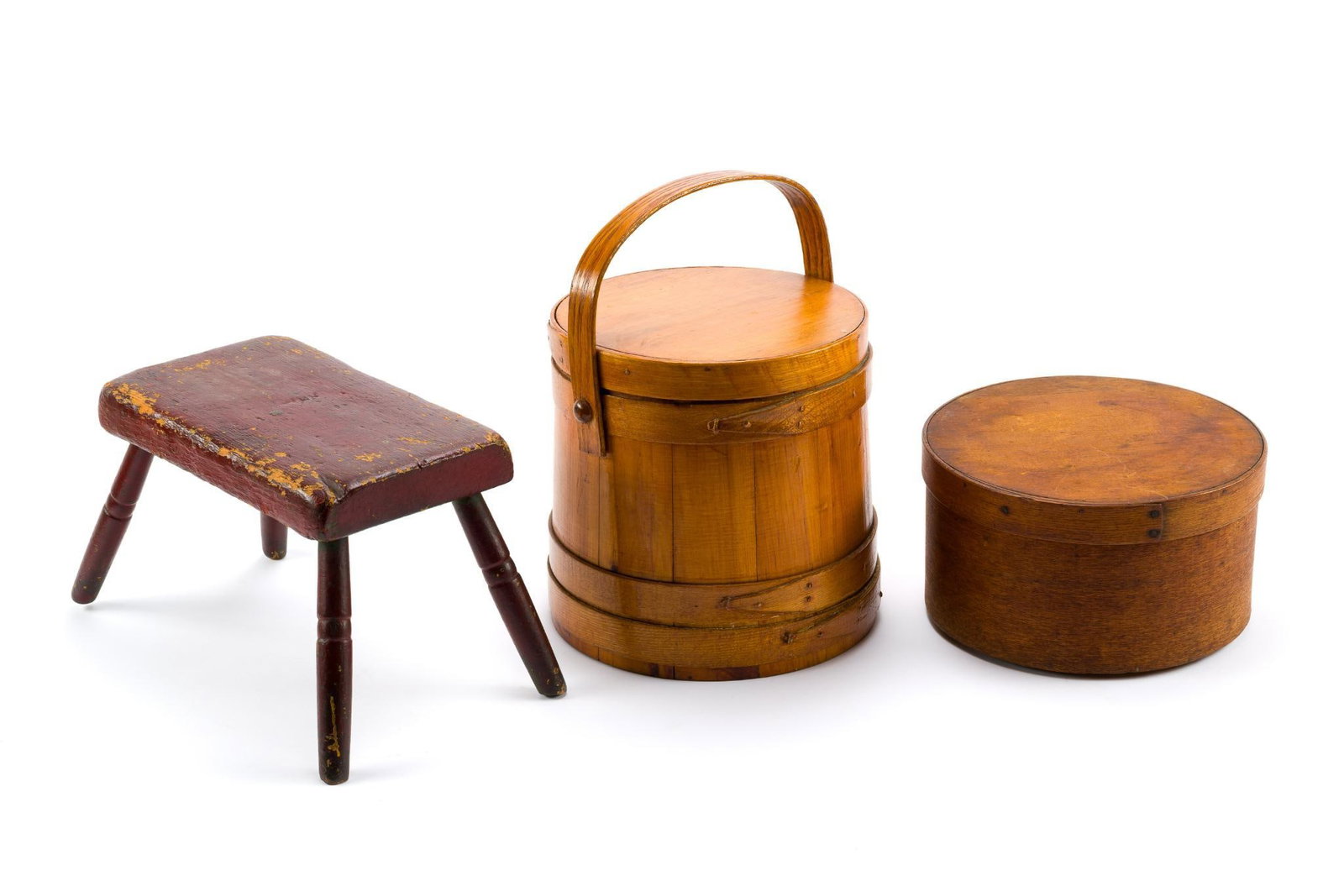 2 Antique Primitive Boxes & Bench: Includes a Shaker Bucket (9-1/2" diameter x 10"), a 19th-century box (10-1/4" diameter x 5-3/4"), and a primitive footstool (8" x 15"). All with normal wear and tear associated with age. 