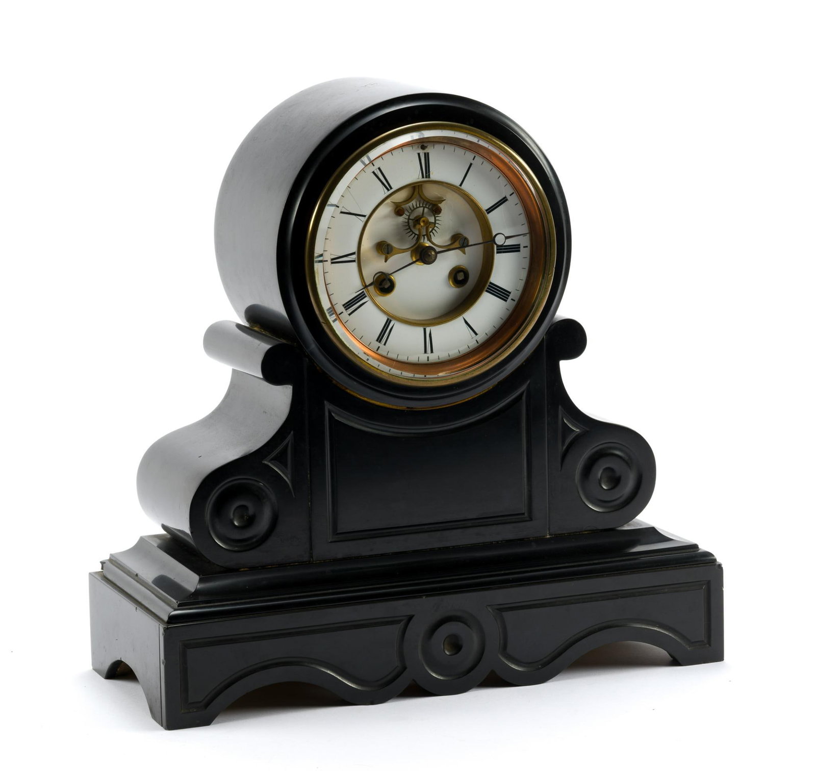 Antique French Style Slate Mantel Clock: Not currently running. MEASURES 13-1/2 wide x ~ 5-3/4 deep x 13-1/2" high. Overall minor wear, consistent with age and use. White scuff on top.