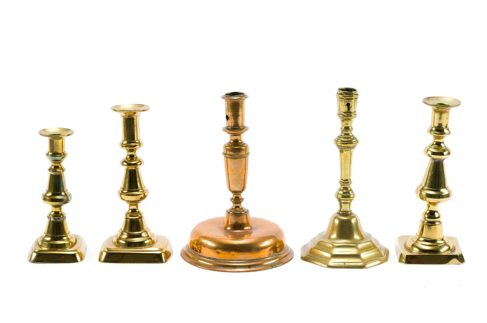 5 Vintage Brass Candlesticks: 5 pc assorted brass candlesticks. In good condition, some more dulled than others. Interior condition consistent with age and use. 6-1/4 to 8-1/2" top to bottom. 