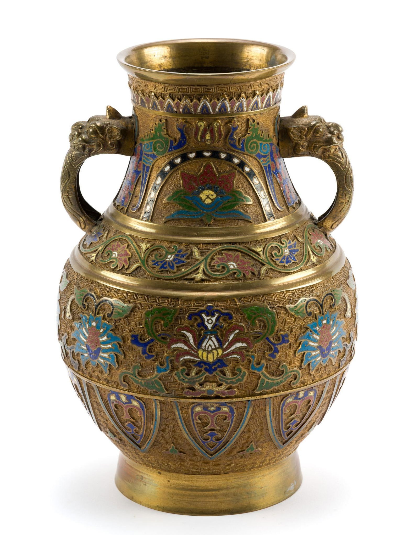 Japanese Champleve Enamel Vase: Champleve is a traditional enameling technique. Made in Japan stamp on the bottom. In good condition, consistent with age and use. Measures ~14" high. 