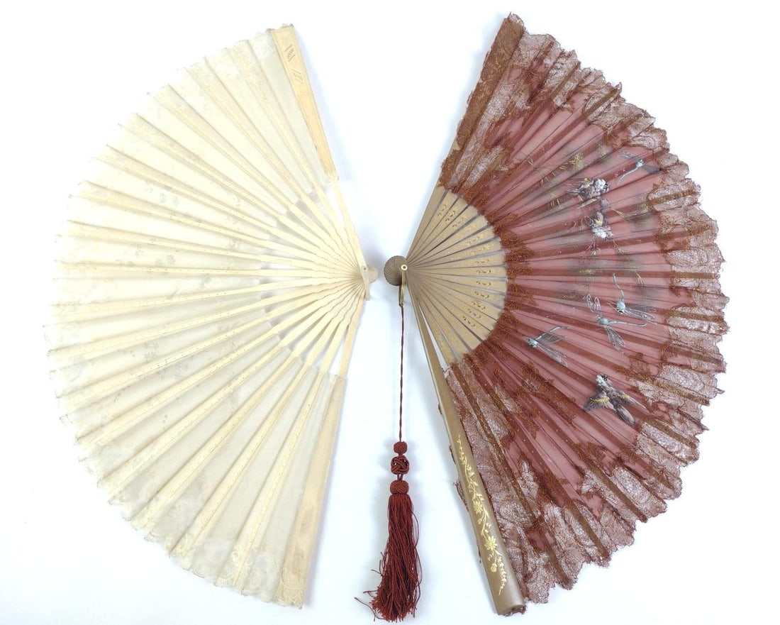 2 Antique Victorian Fans: Made of wood or lacquer and silk. both measure approximately 14" in length. 