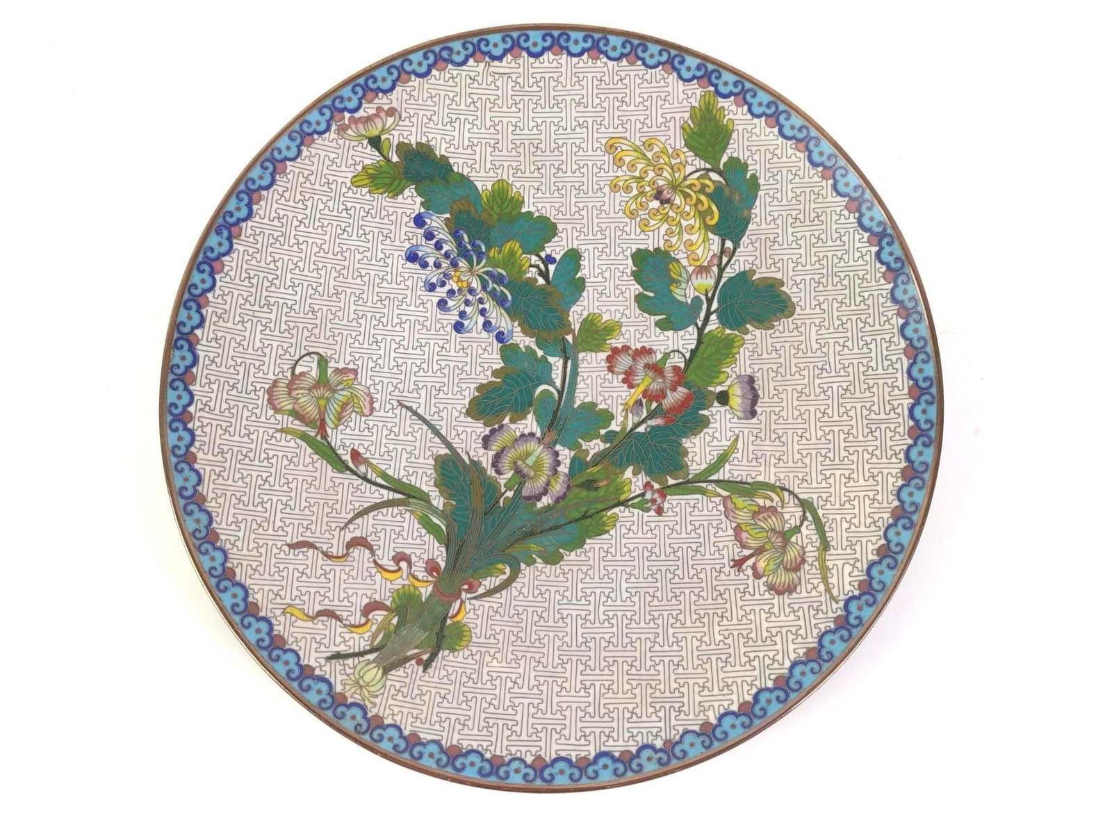 Antique Japanese Floral Cloisonne Plate: Japanese floral cloisonne plate enamel. In good condition, with age- and use-related wear and tear on the bottom. ~10" across. 