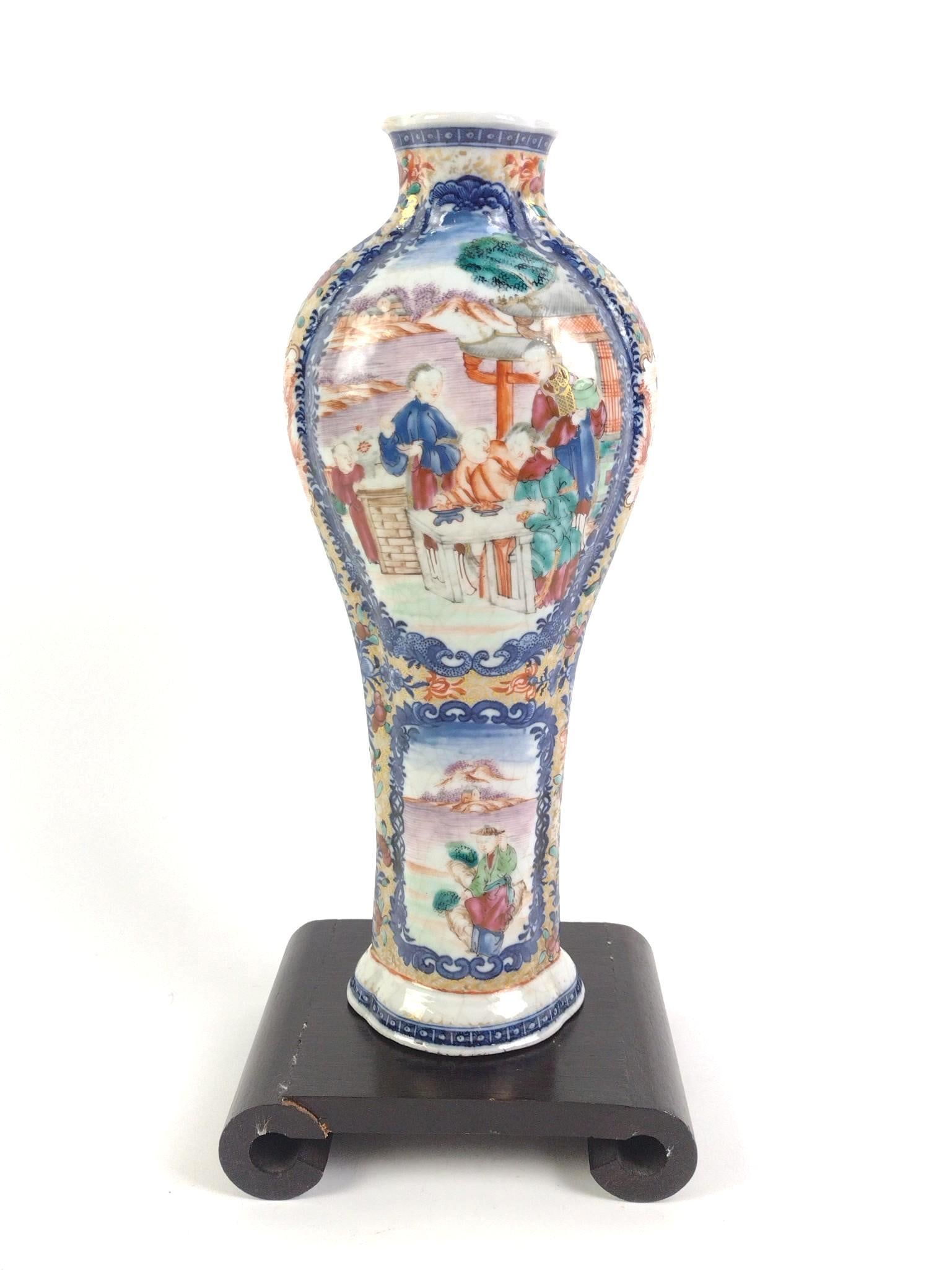 Chinese Porcelain Famillle Rose Style Vase with Stand: Chinese hand-painted porcelain baluster vase decorated with figural court and landscape scenes within elaborate floral borders. Unmarked. Measures 5" x 3-1/4" x 11-1/4". Wear consistent with age.