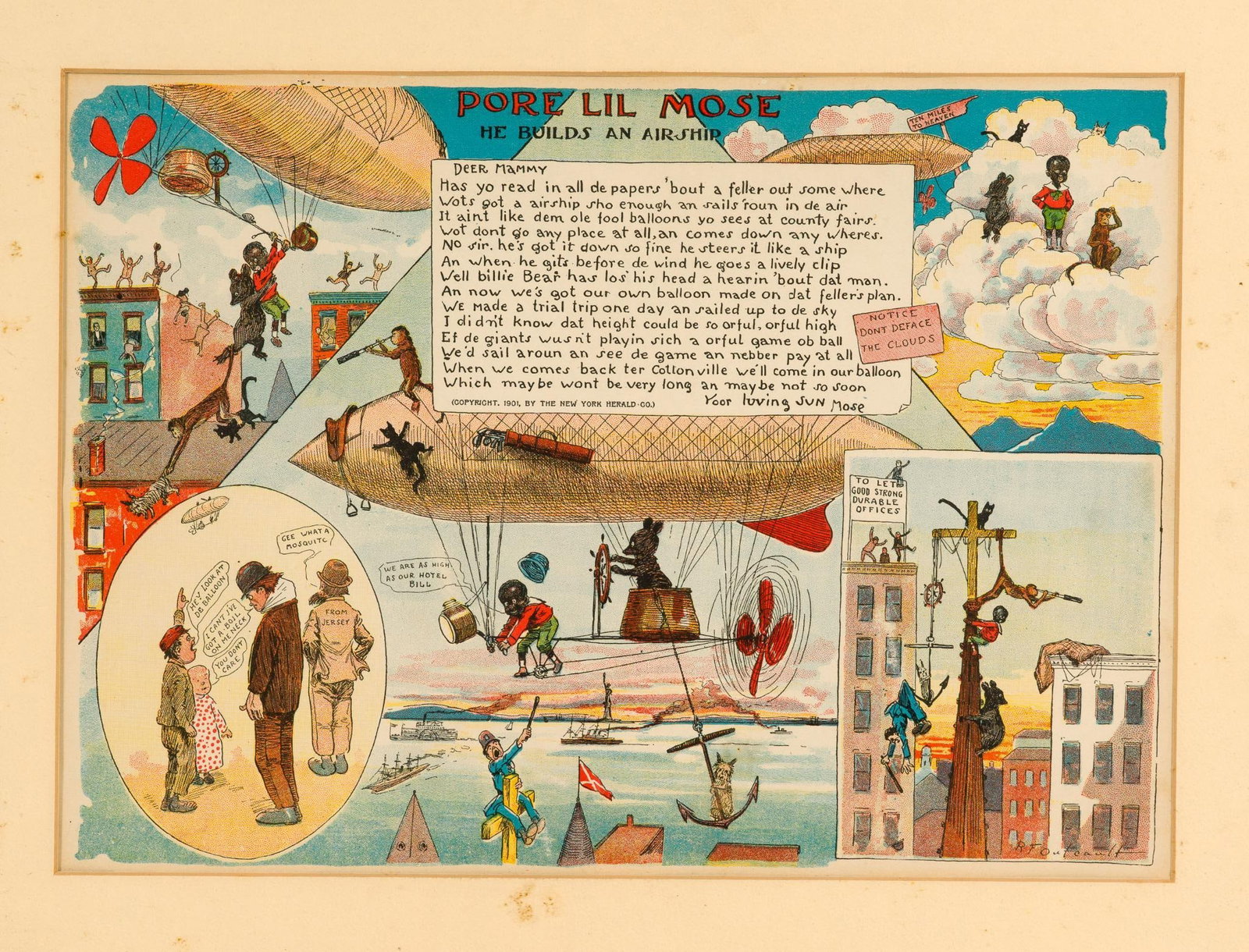 Signed Richard F. Outcault Pore Lil Mose: Signed Richard F. Outcauly from the "Pore Lil Mose" series title "He Builds an Airship. Signature in the bottom right corner. Frame in condition typical of age and use. Painting itself in good