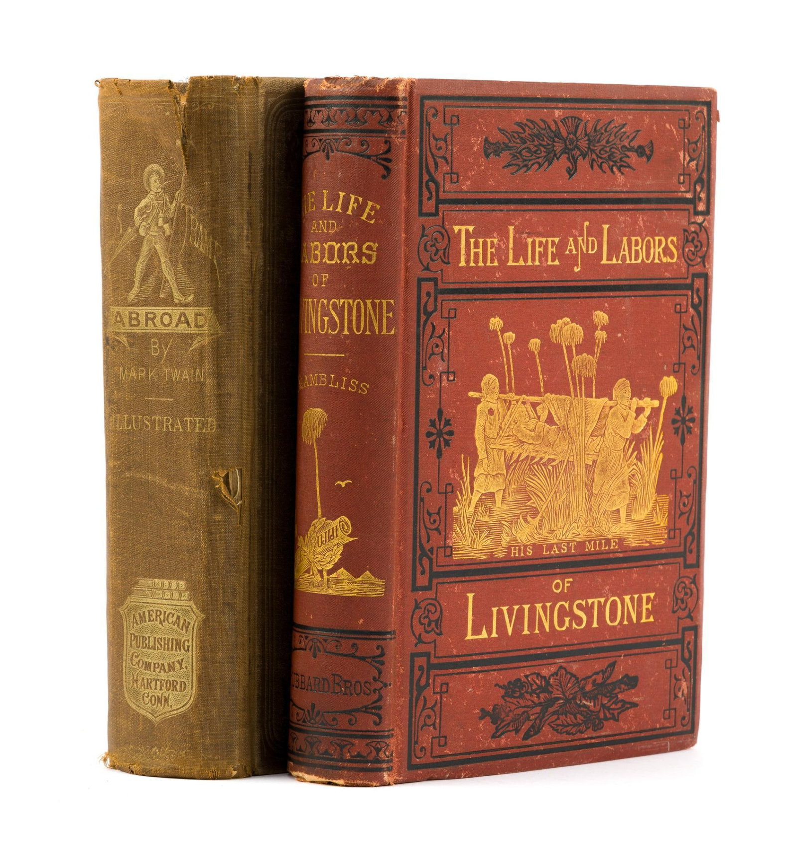 2 Antique Books Incl Mark Twain: Includes (1) The Life and Labors of Livingstone by Rev. J.E. Chambliss. Copyright Hubbard Bros, 1875.; (2) A Tramp Abroad by Mark Twain. Copyright American Publishing Company 1880. Cover loose from