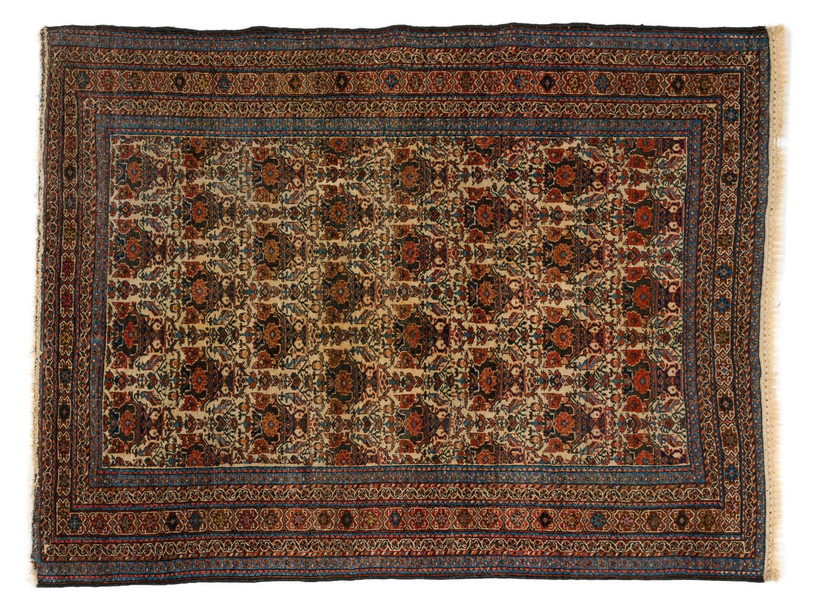 Persian-Style Mahi (Herati) Design Rug: The field features an allover repeating Herati (Mahi, or "fish") pattern, composed of rosettes surrounded by angular leaves and geometric floral elements on an ivory ground. The rug is enclosed by mul