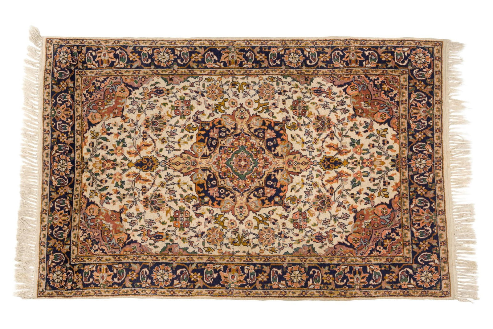 Persian Tabriz-Style Wool Area Rug: Hand-knotted Persian Tabriz-style wool area rug featuring an ivory field with an intricate floral and vinework design centered by a detailed medallion. The field is surrounded by a navy blue border ri