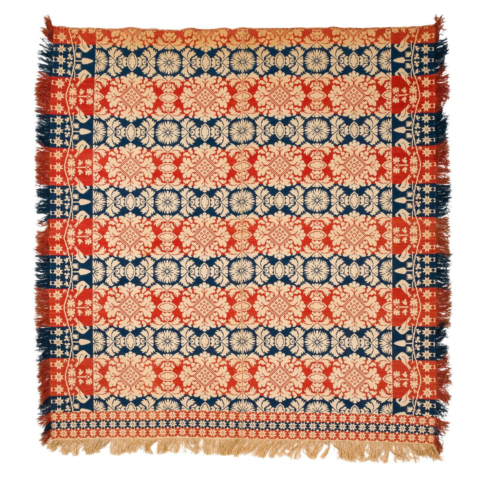 Red & Blue & White Jacquard Coverlet with Bird Motif: Unsigned. Good overall condition with wear consistent with age and use.83-1/2"W x 87"L.