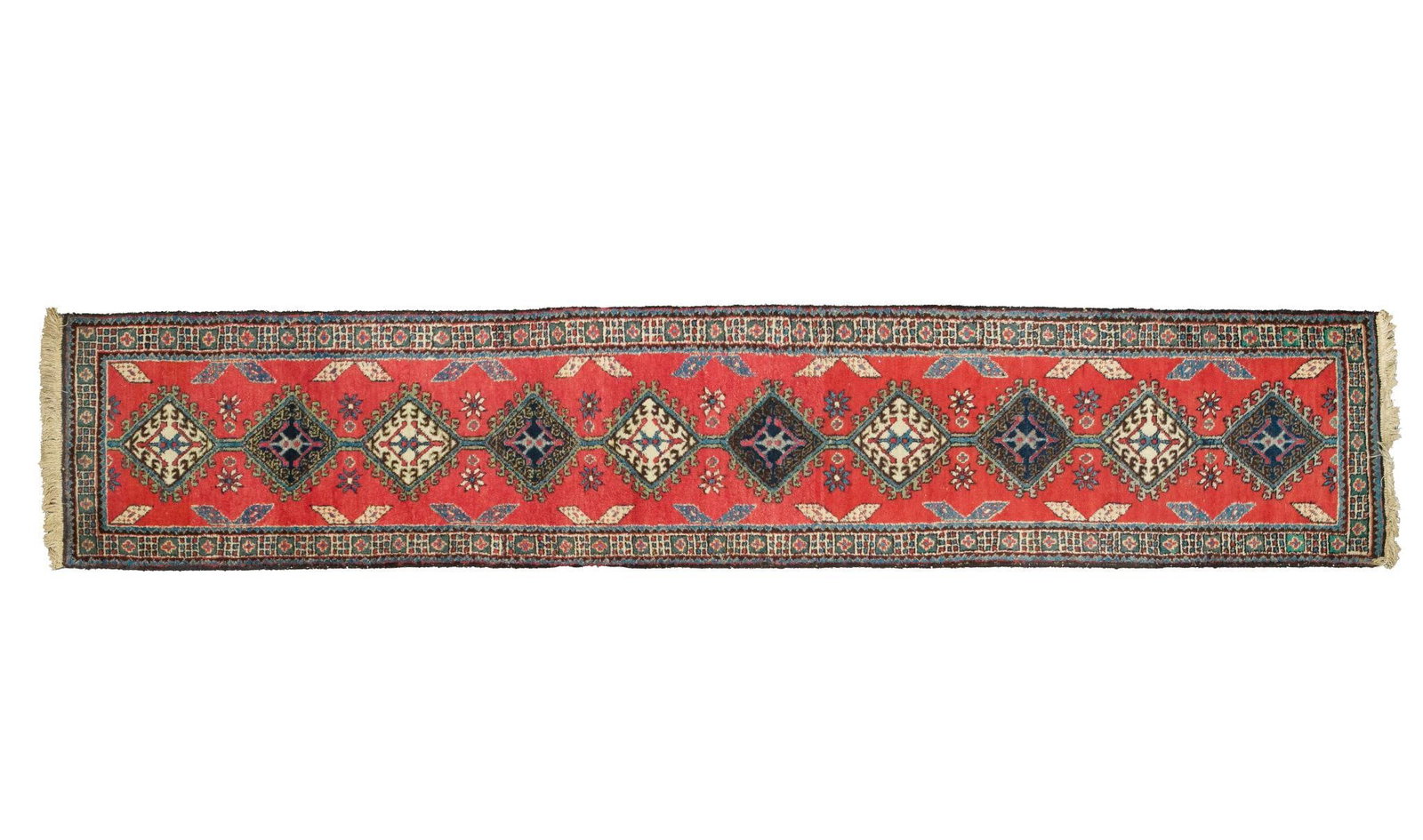 Hand-Knotted Northwest Persian Wool Runner: Hand-knotted Northwest Persian wool runner with a geometric medallion design on a deep blue field and ivory reciprocal border. Measures 33-1/2" W x 165" L (approximately 2'9" x 13'9"). Wear consistent