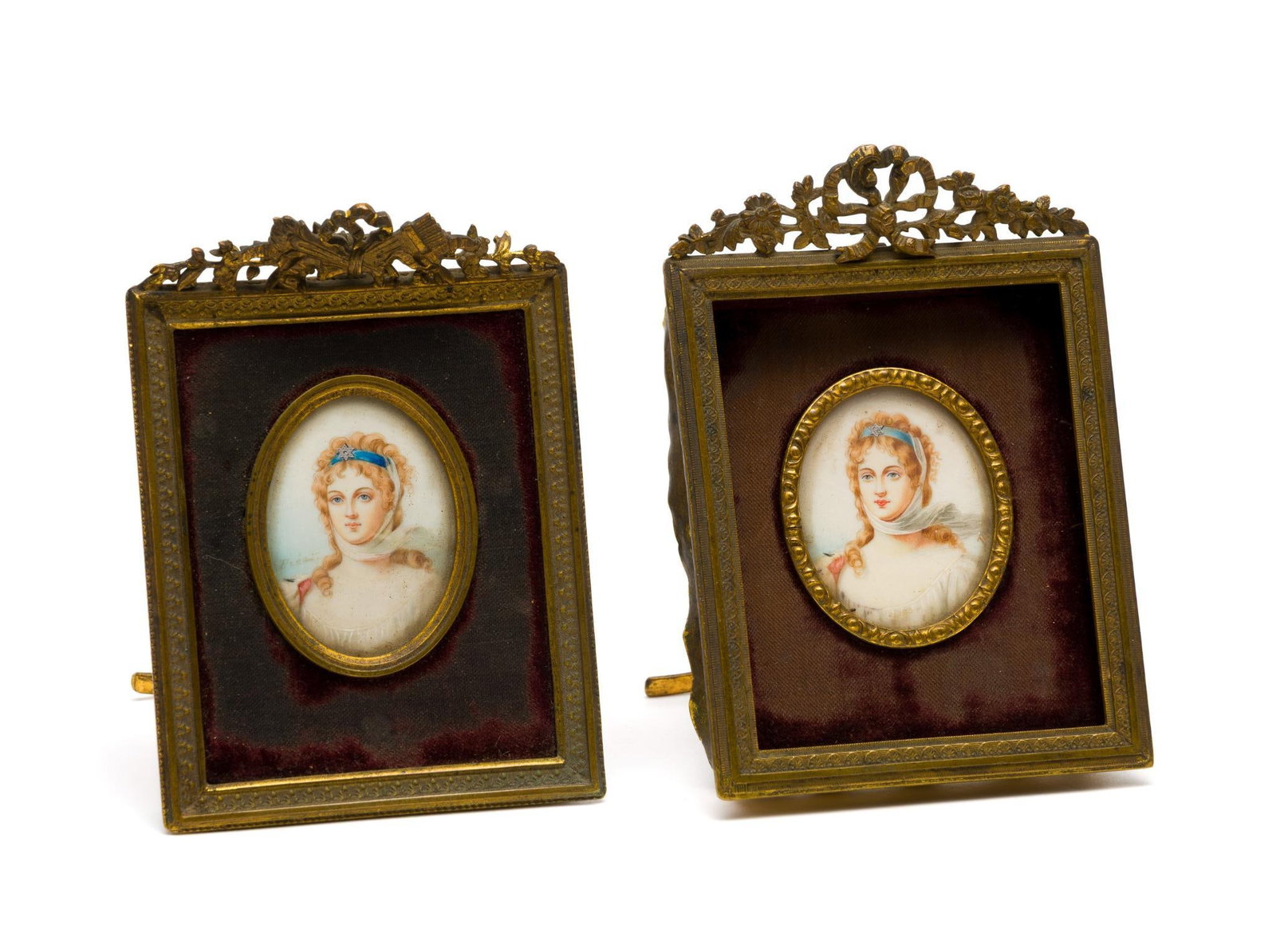 2 Brass Framed Porcelain Miniature Portraits: One is signed but signature is indecipherable. Other is not marked. 4" to 4-1/8" long x 2-3/4" wide. One back is not secure. 