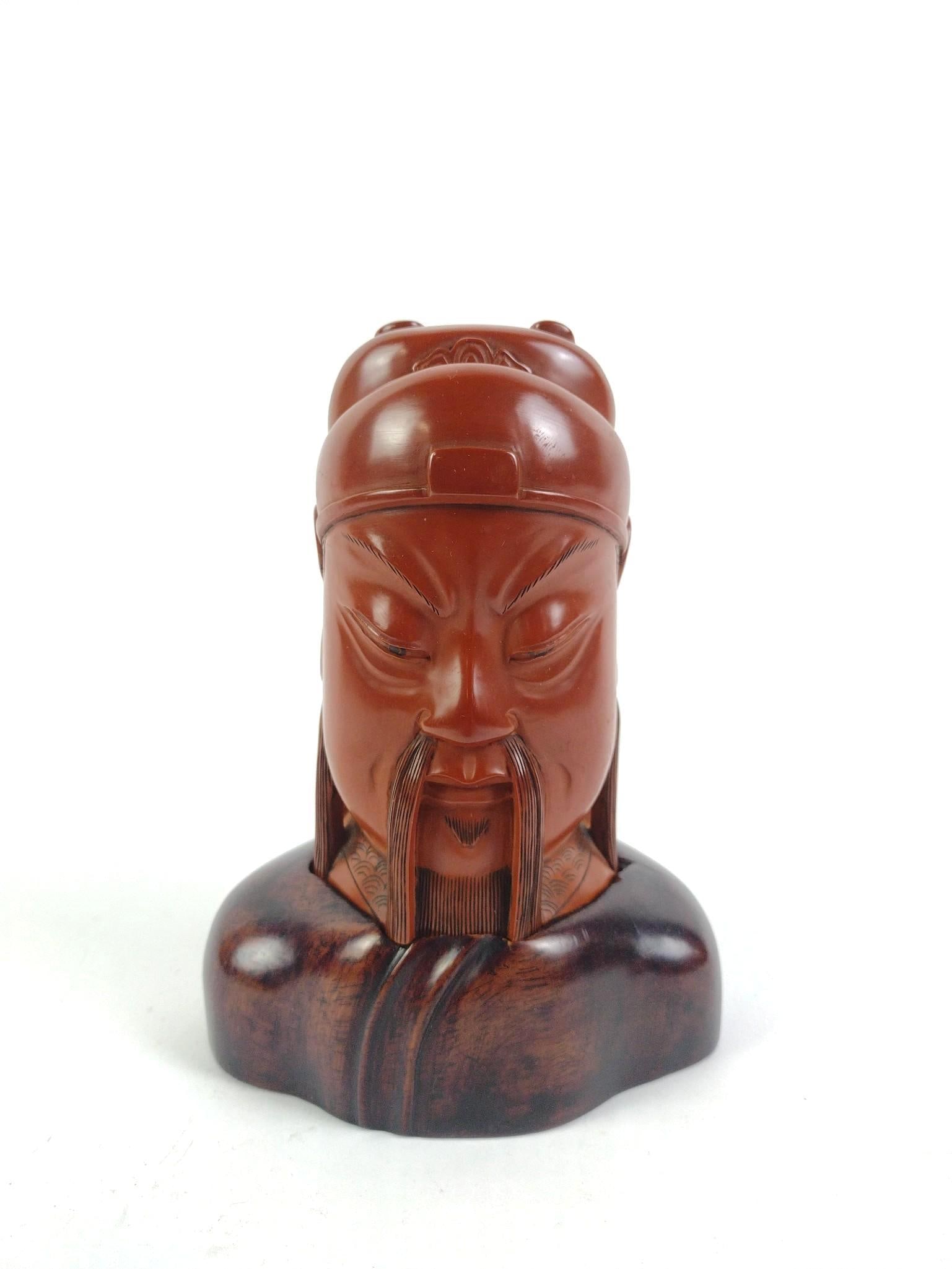Chinese Ming Dynasty Carved Chenghua Bust: Marked on the bottom; stated dates say the statue is representing the Chenghua Emperor, Zhu Jianshen, 1465-1487. Measures with stand 5" x 3" x 7". 