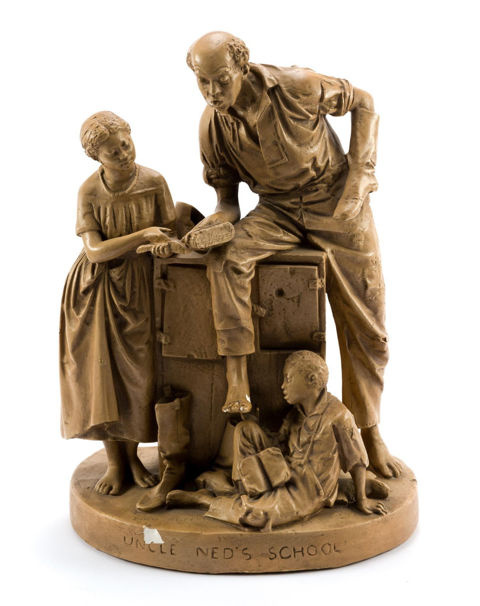 John Rogers (American, 1829-1904), "Uncle Ned's School": Painted plaster. C. 1866. Signed on base. Dates on back. Overall plaster loss. Foot repaired. 21" x 14". 