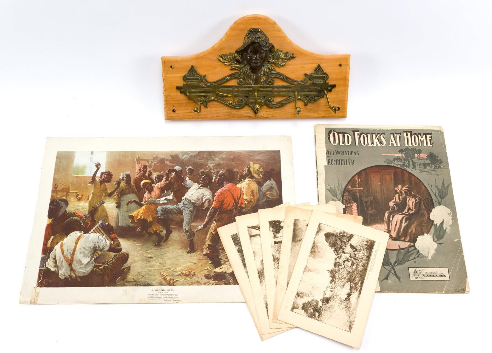 Black Americana: Includes brass coat rack, 5 engravings by Harting of the South, "Old Folks At Home" Sheet music, vintage canvas print, A Virginia Reel" by W. R. Leigh. Normal wear and tear consistent with age. Coat