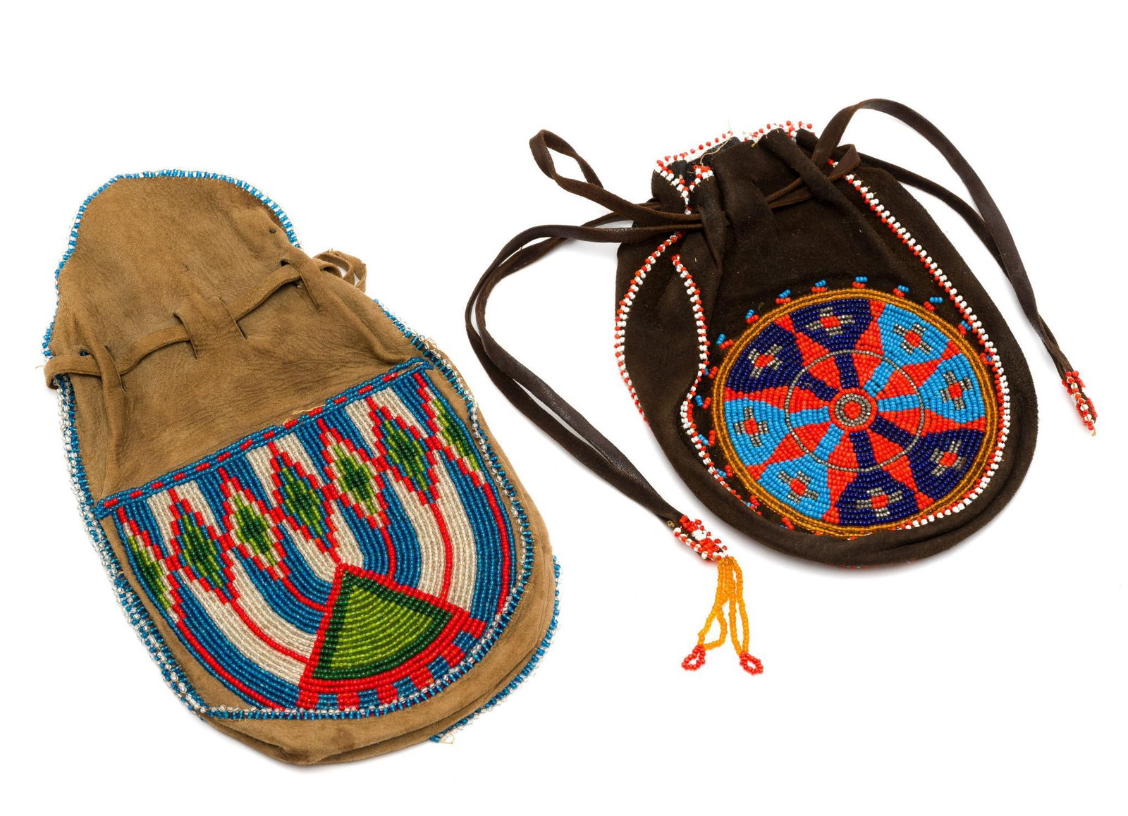 2 Native American Beaded Leather Pouches: Two leather pouches with multicolored glass beadwork. Includes one tan leather pouch decorated with a geometric beaded panel and beaded edging, and one dark brown leather drawstring pouch featuring a