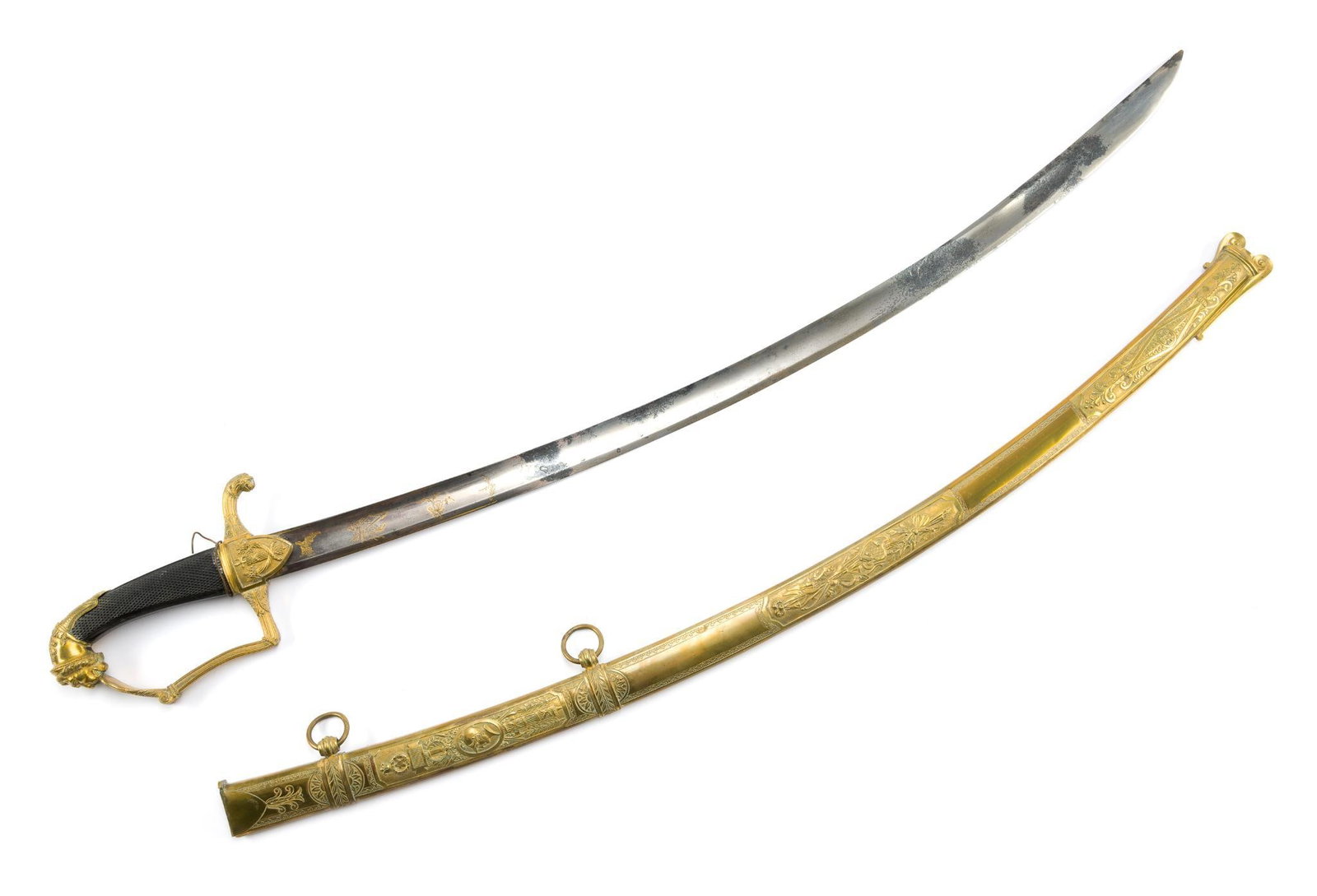Late 19th C U.S. Model 1860 Staff & Field Officer's Sword: Late 19th century U.S. Model 1860 Staff & Field Officer's sword, having a gilt brass hilt with lion's head pommel, folding guard, sharkskin grip, and curved steel blade retaining gilt military