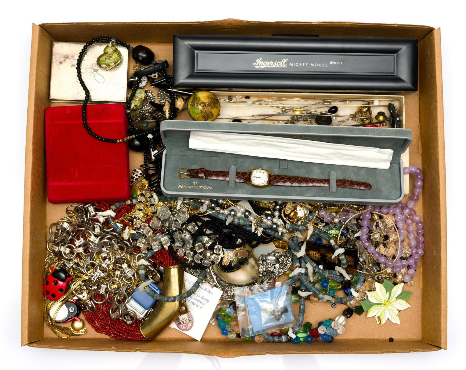 Vintage and Modern Costume Jewelry: Includes a pair of marked 925 Norway Sterling Enamel clip earrings. Watches included Hamilton, Ingersoll Mickey Mouse, Bulova, Elgin, Benrus, and more. Also includes American Historical Replica