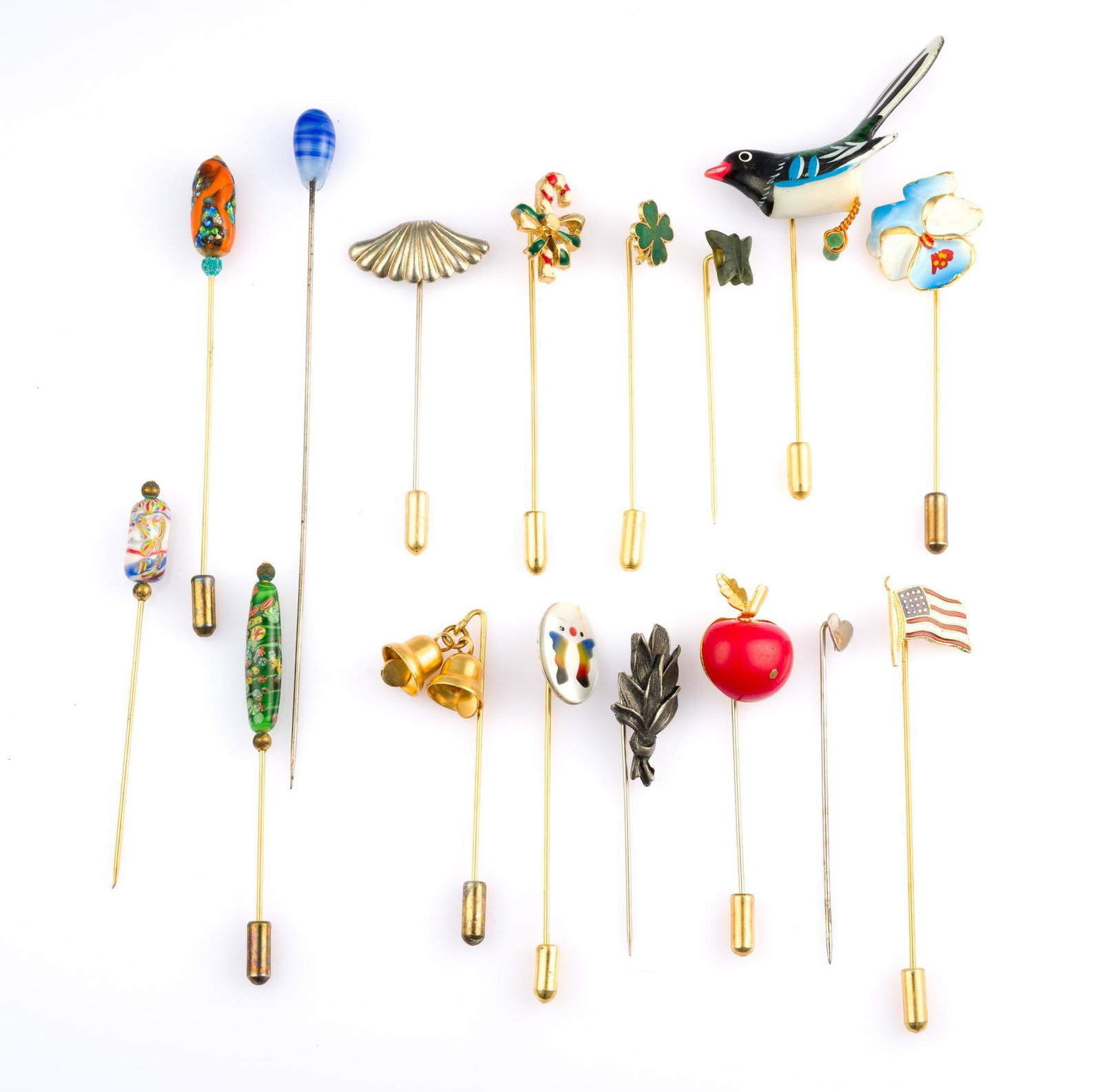 16 Vintage Stick Pins: Colorful designs on top, such as birds, candy canes, apples, flowers, etc. All in good condition, even with use and age. 2" to 5-3/4".