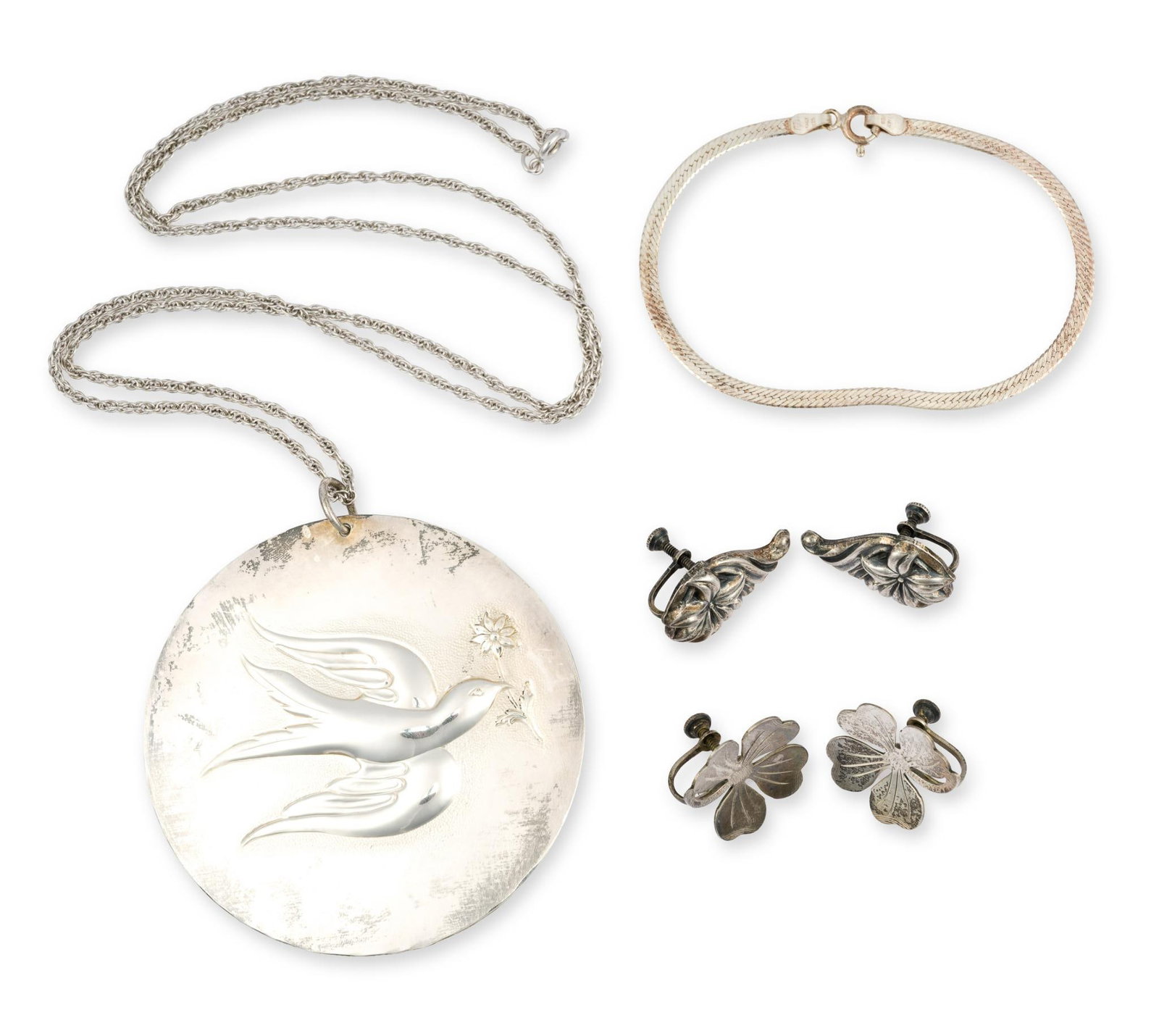 Sterling Silver Jewelry Set Incl. Earrings, Bracelet, & Medallion: Towle Sterling Medallion, two pairs of earrings, and a bracelet, all in good condition with normal scuffing consistent with age and use. 1" to 2-1/2".