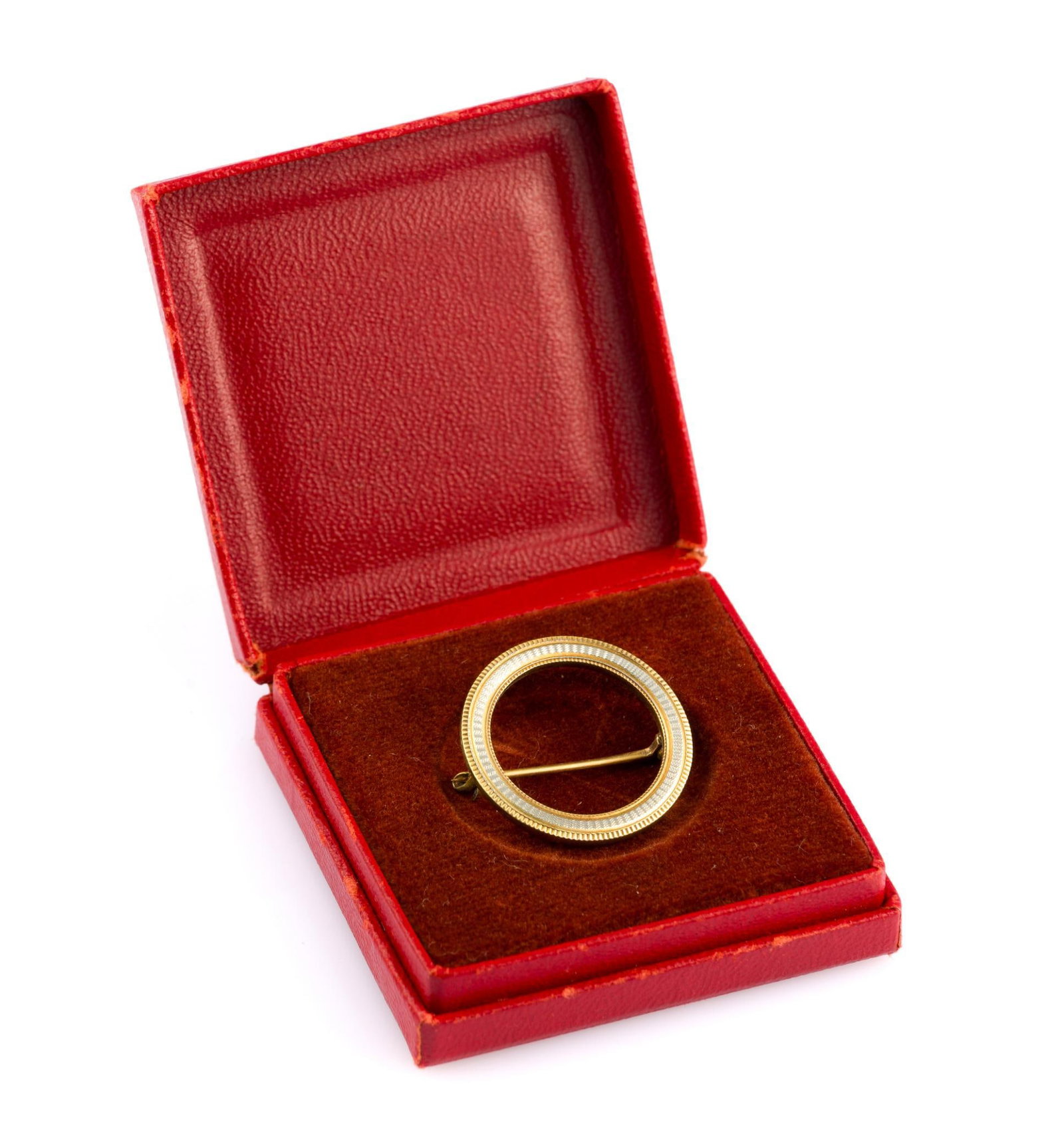 14K Gold Two-Toned Circle Brooch: In original box. Marked 14k. 1" in diameter. 2.2 grams total. 