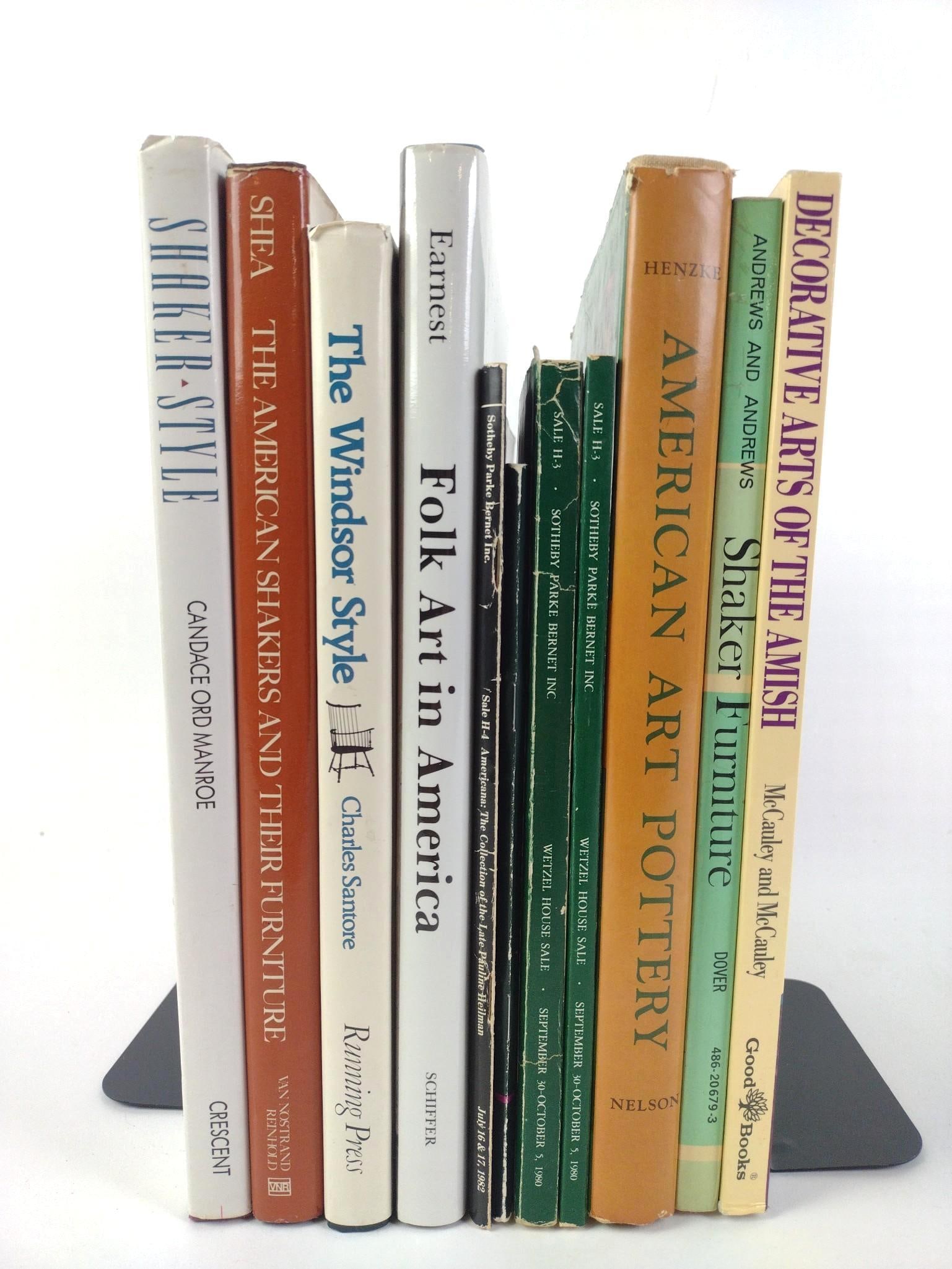 11 American Art Incl. Folk Art & Shaker Communities: 11 Folk Art and Shaker Art/Communities books, all in good condition, consistent with use. Includes Decorative Arts of the Amish of Lancaster County, Shaker Furniture, American Art Pottery, Important A