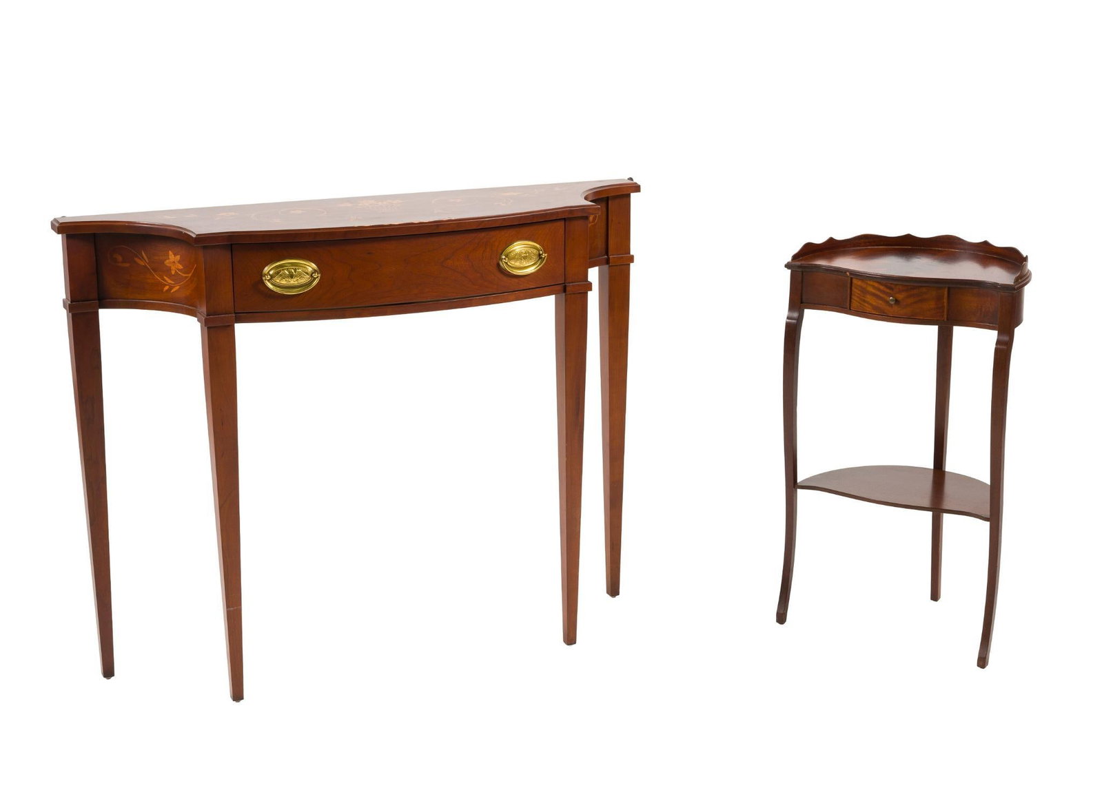 Harden Console Table: A Harden Furniture Company (1844-2018) bowfront console table of mixed woods in the federal style. Accompanied by a small Federal mahogany wash stand or side table. Wear consistent with age. 32-1/2"
