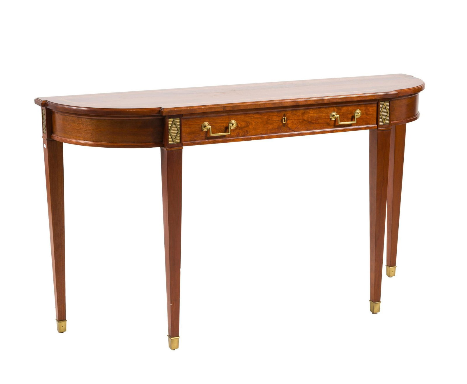 Stickley Console Table: A modern Stickley company colonial revival console table. The form consisting of brass capped feet with tapered legs rising to a shaped mahogany double drawer case. The inside stamped "Stickley."