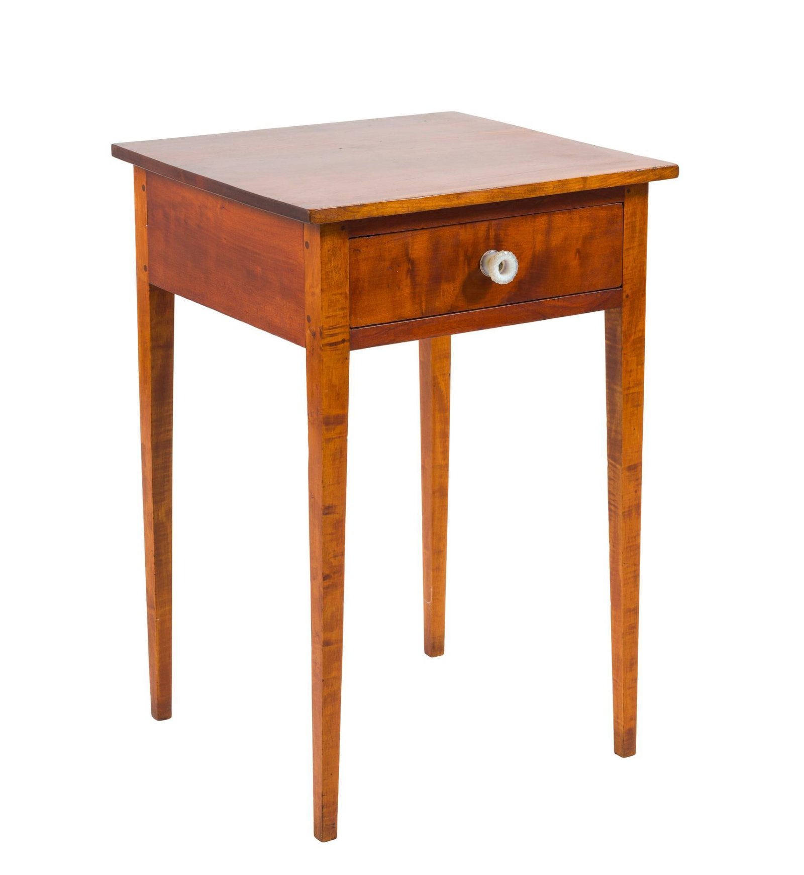 Country Hepplewhie Stand: A Hepplewhite small stand or work table, circa 1800, probably Pennsylvania. Simple tapered legs rise to join the one drawer case (with cenetral Sanwich type knob). The conforming top with slight