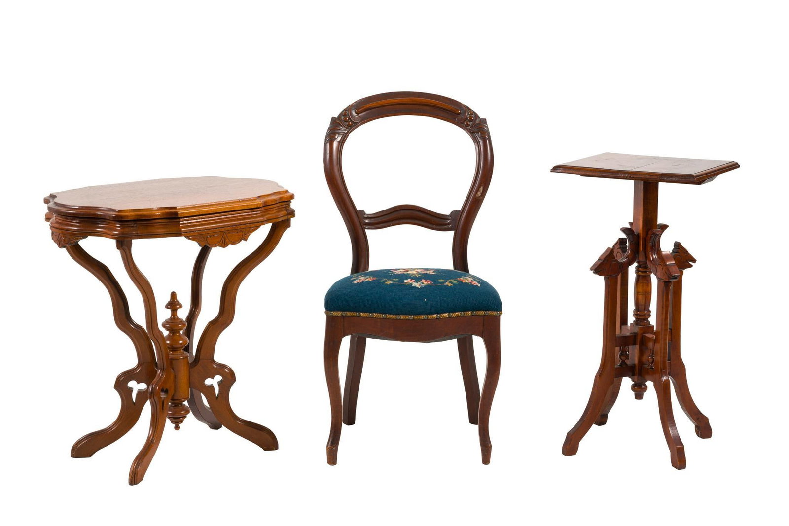 Victorian Stands and Chair: A group of three American Victorian pieces of furniture. The first a balloon back Rococo Revival side chair with later blue needlepoint cover. The second a Renaissance Revival side table with wooden t