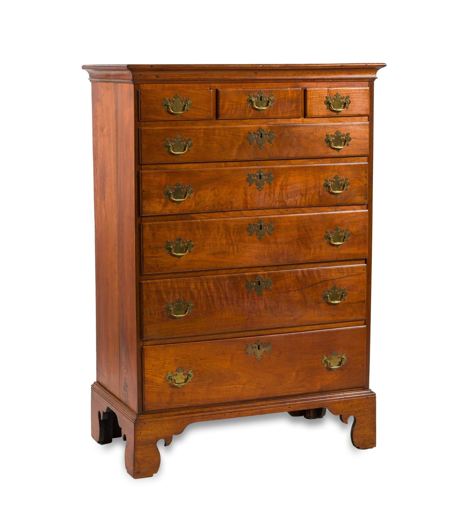 Pennsylvania Chippendale High Case of Drawers: A Pennsylvania walnut Chippendale high case of drawers circa 1760-1780. Probably southeastern Pennsylvania. The form consists of a walnut case resting on straight bracket feet with rococo spurs. Five