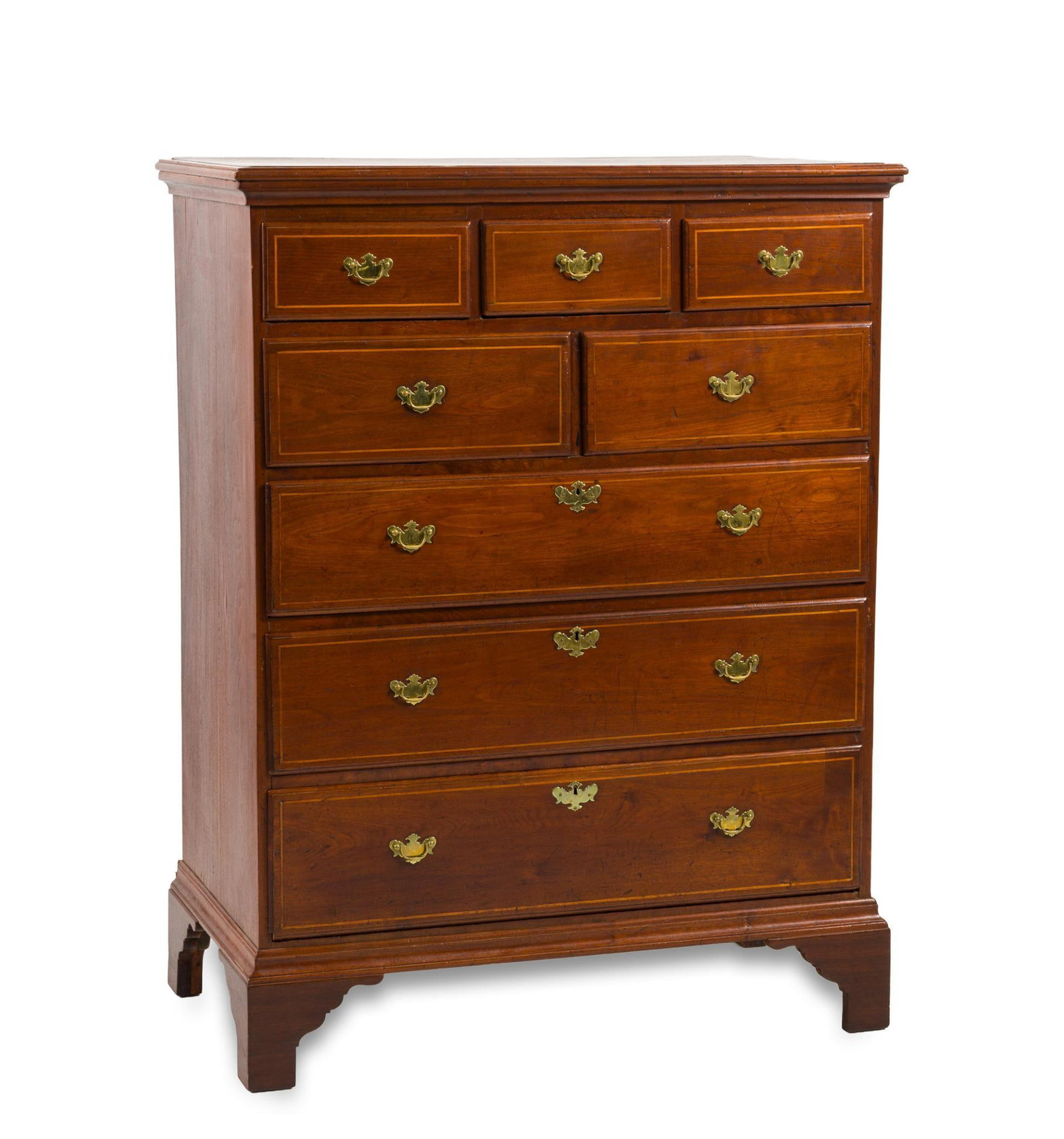 Pennsylvania Chippendale High Case of Drawers: A very fine walnut Pennsylvania high chest or case of drawers. The piece is probably circa 1800. While the form of the case 3 over 2 over 2 drawers in a walnut case resting on bracket feet is in the