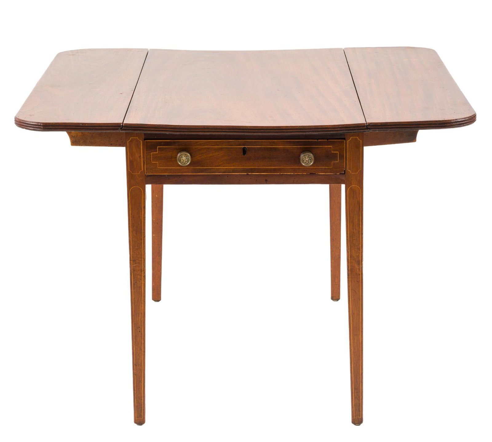 Heplewhite Drop Leaf Table: A Federal Hepplewhite drop leaf table, mahogany with inlays, probably south central Pennsylvania, circa 1790-1810. Tapered inlaid legs join to the body of the table which has a single drawer with