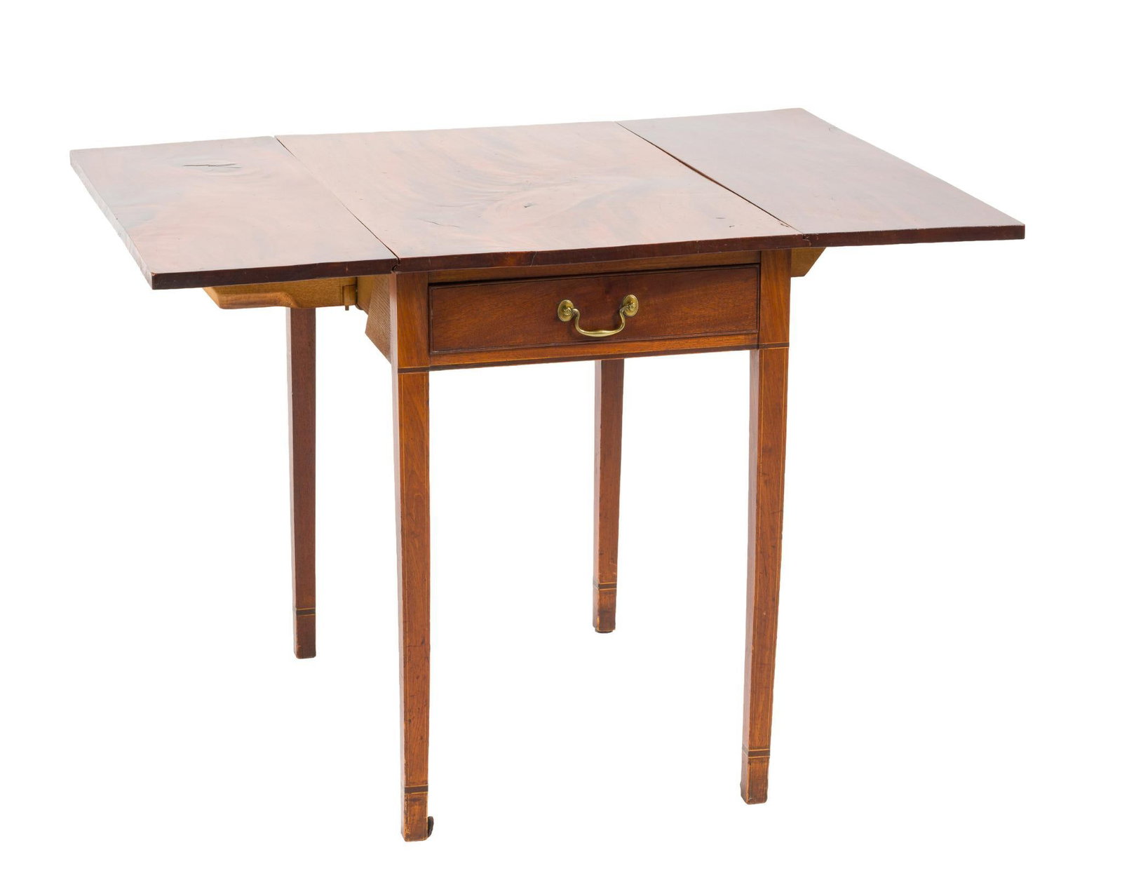 Hepplewhite Drop Leaf Table: A diminutive early Federal drop leaf table probably Mid-Atlantic, mahogany and other woods. Probably circa 1790. The tapered legs with simple cuff and string inlays rise to join the case. One beaded