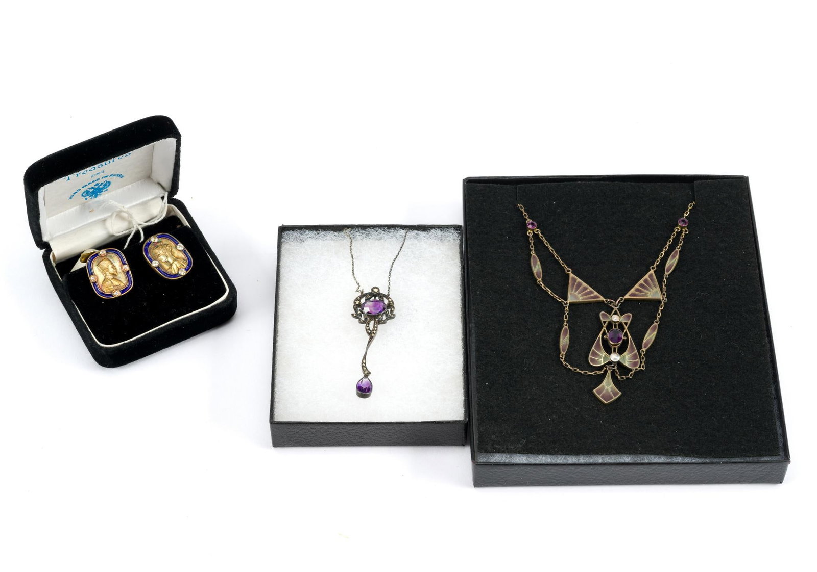 2 Silver Lavaliere Necklaces & Russian Silver Gilt Cufflinks: Art nouveau and Edwardian lavalieres include plique-à-jour enamel. One necklace chain is broken. 14-1/4" long. Cufflinks measure 3/4" wide x 1" long. 