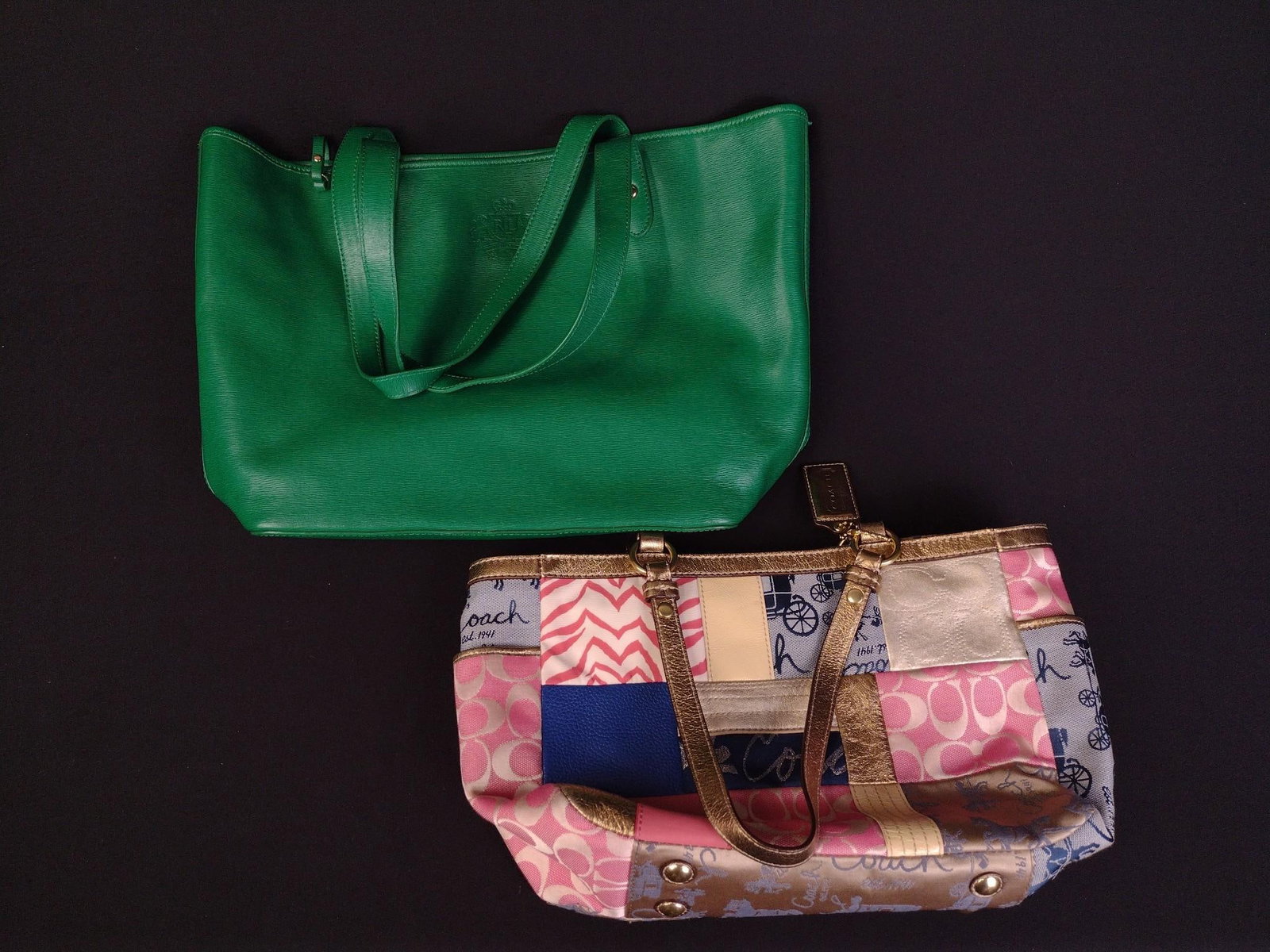 Coach Handbag & Ralph Lauren Handbag: 1.) Coach Handbag Signature Patchwork ~16" long. 2.) Vintage Ralph Lauren Leather Newbury Tote 17-1/4". Both in good condition.