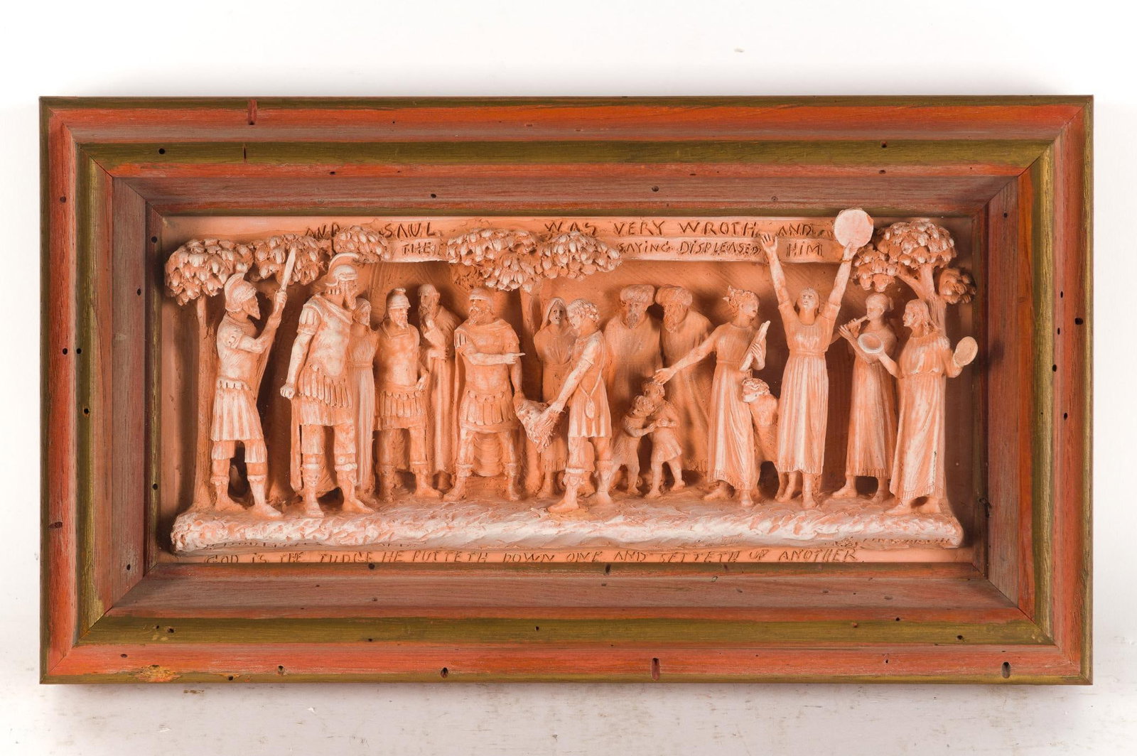George Tinworth for Doulton Lambeth Terracotta Relief Panel: Includes a carved, framed terracotta piece, inscribed "and Saul was very wroth, and the saying displeased him". "God is the judge, he putteth down one and setteth up another". Bottom edge signed by ar