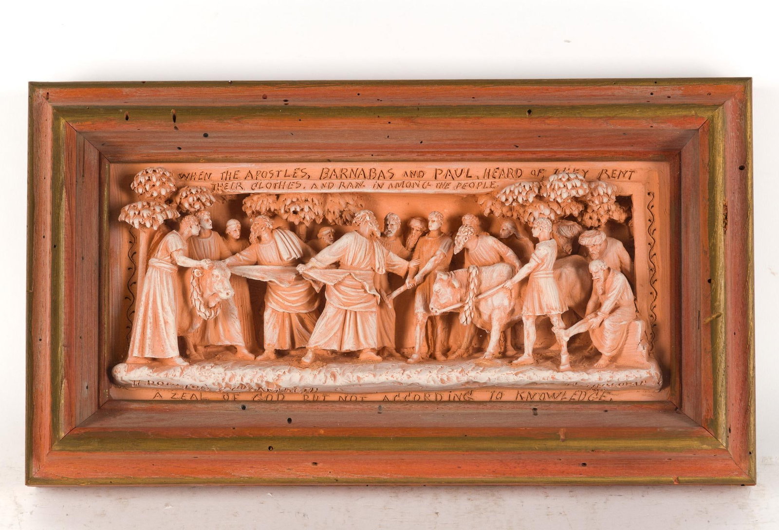 George Tinworth for Doulton Lambeth Terracotta Relief Panel: Includes framed carved terracotta piece, inscribed with "When the Apostles, Barnabas and Paul heard of it, they rent their clothes, and ran in among the people " "A Zeal of God Put Not According to Kn