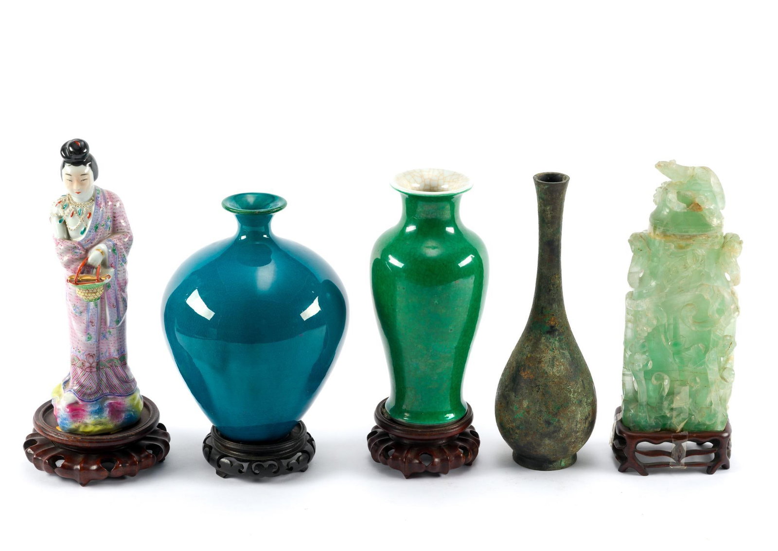 Antique Chinese & Japanese Vases and Figurines: Includes a Kangxi-style apple-green vase with stand, a teal Japanese-style vase with stand, a Japanese-style bronze vase with heavy patina, a figurine of women on a stand, and a Chinese gree