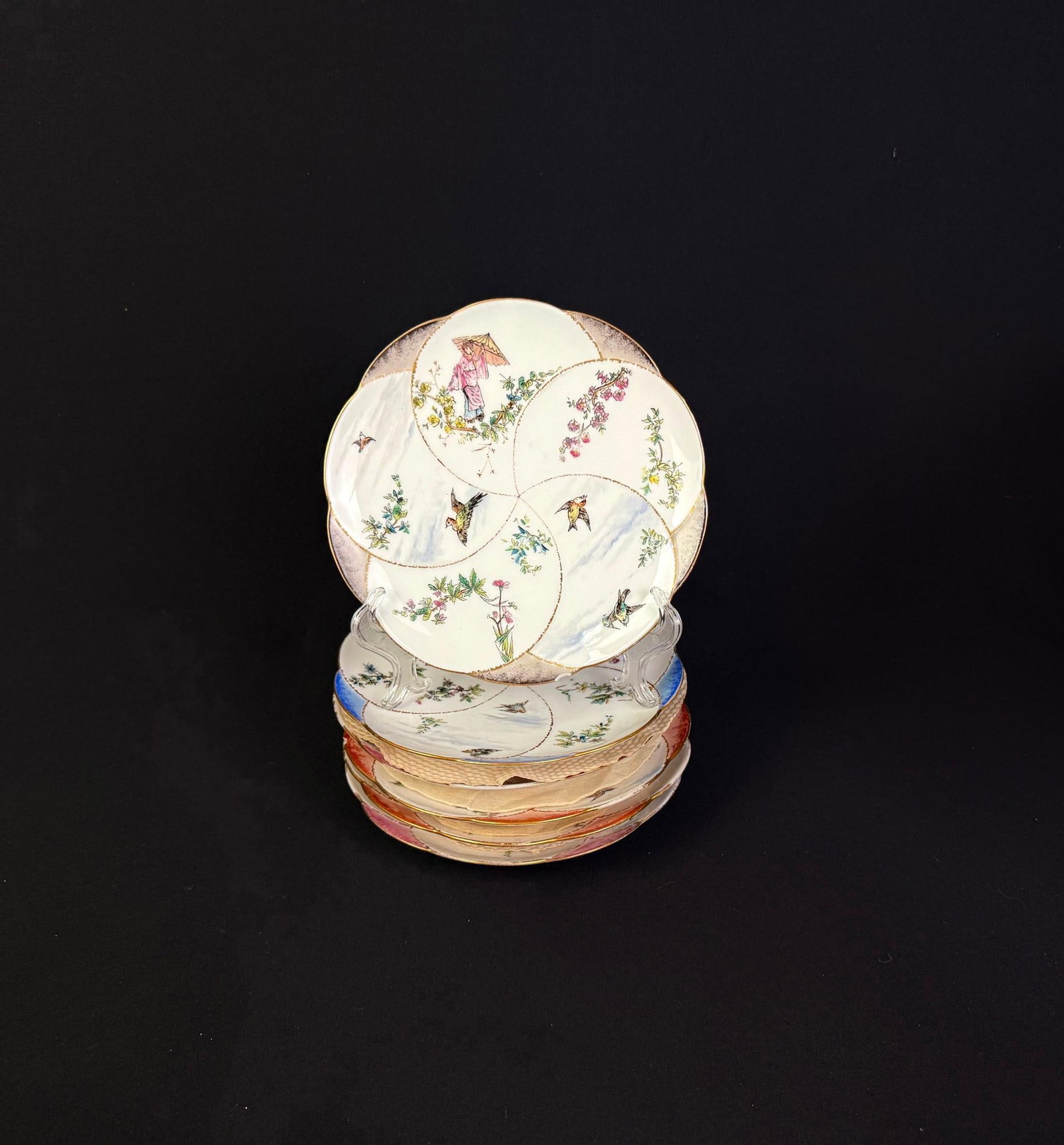 Set of 6 Asian Geisha and Bird Plates: Unmarked. All 8-1/2" diameter. 