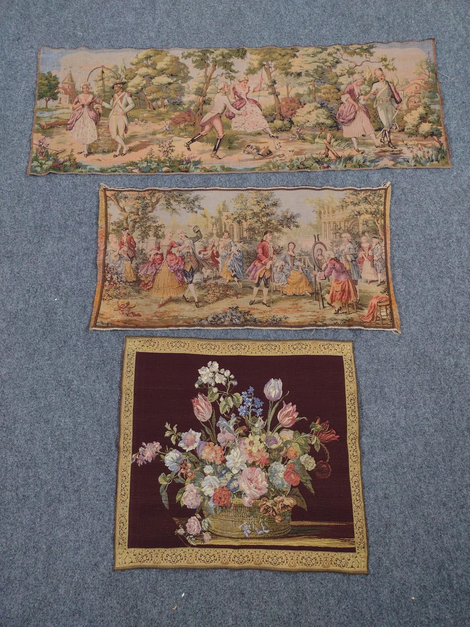 3 French Style Tapestries: Includes floral design and two Georgian scenes. 27-1/4" to 54-1/2" wide x 19-1/4" to 24-3/4" long. 