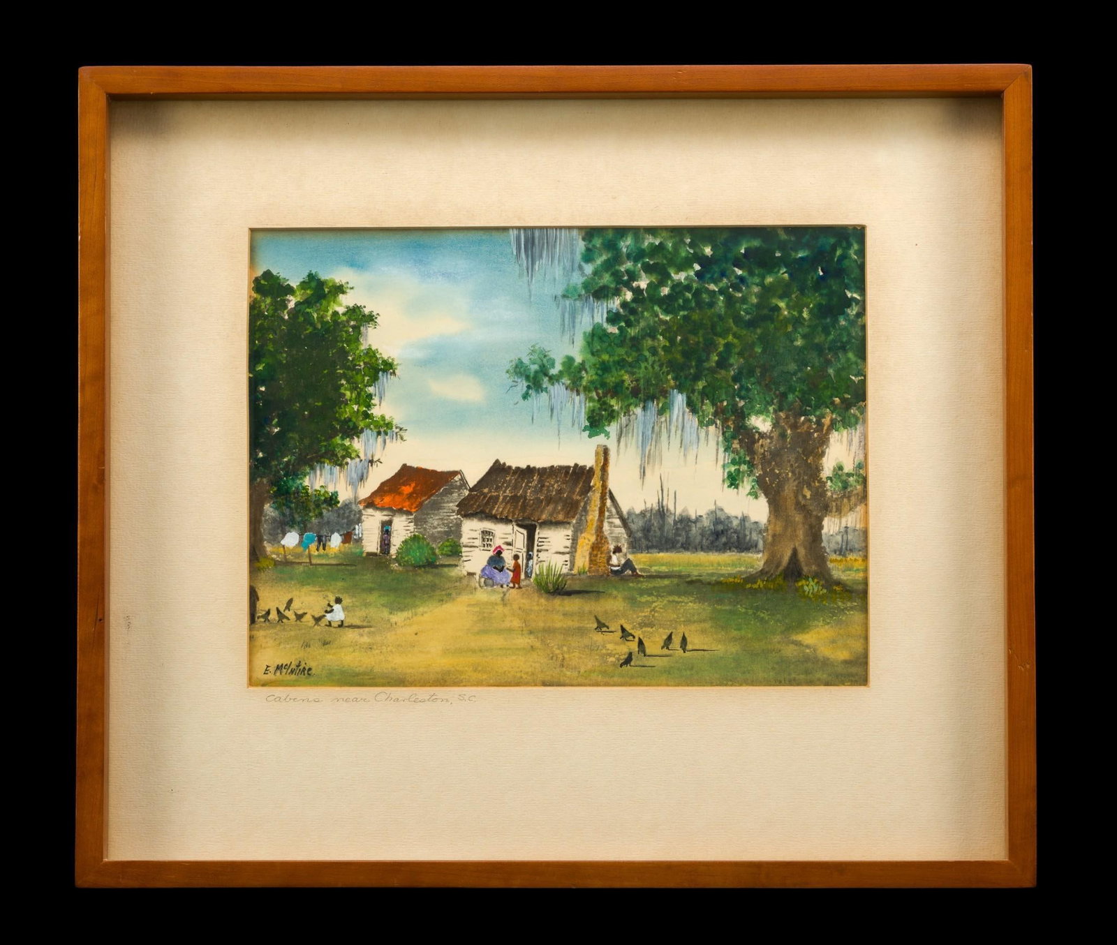 Emmie Mayberry McIntire Hand Painted Lithograph: Artwork size is 8 1/2" X 11" with framed size 14 1/2" X 17". Emmie Mayberry McIntire 1874 - 1948, painting titled "cabins near Charleston, S. C." The paint work is water color and gouache on