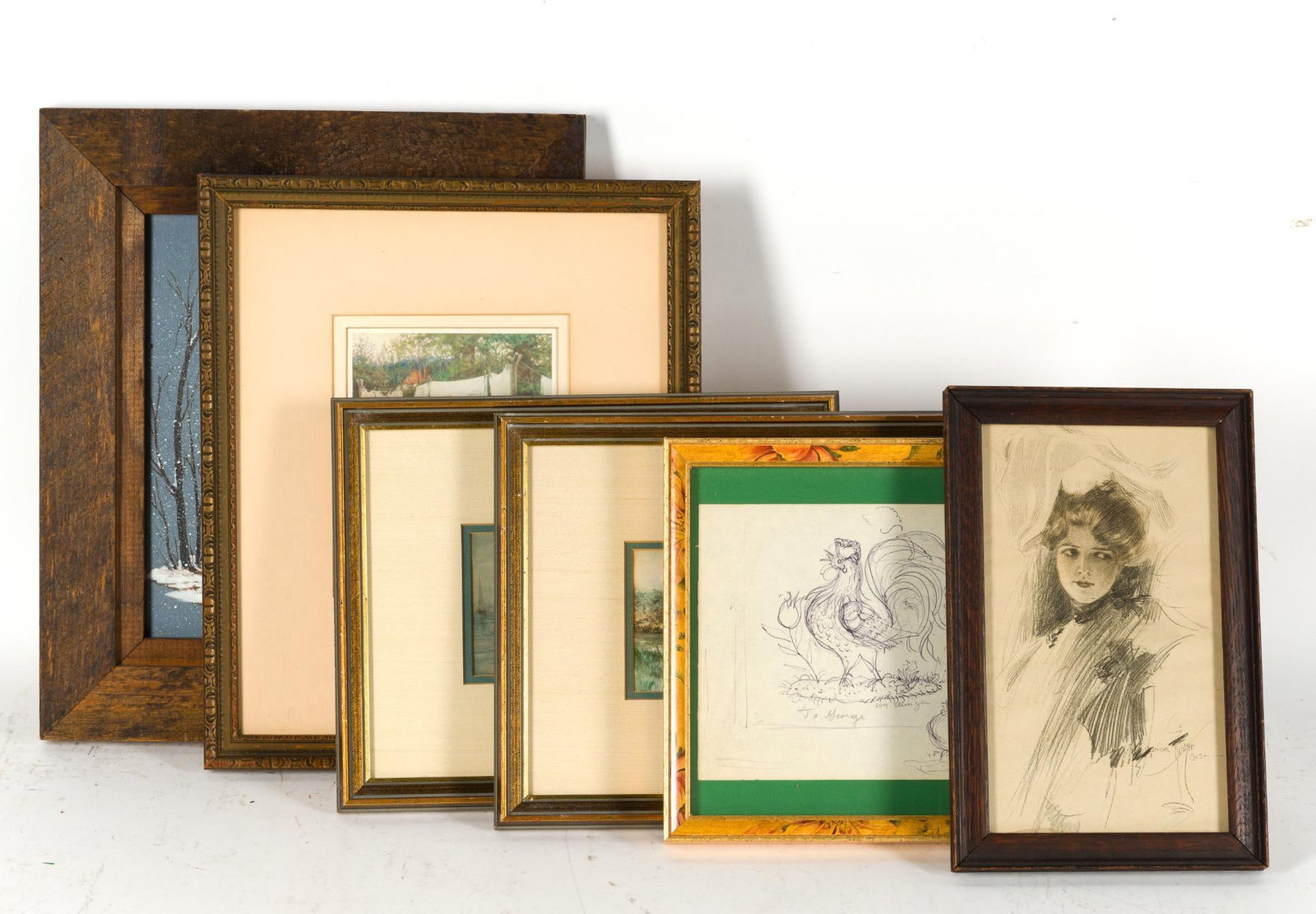 6 Paintings, Drawings, and Prints: A group of smaller artworks, vintage and antique, with the largest being a painting by Dorothy Brooke Morrison 14 1/4" X 12 1/4" framed size. The lot includes a signed drawing (roosters) by David Y.