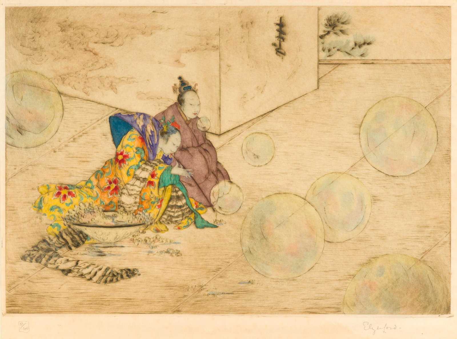 Elyse Ashe Lord Hand Colored Etching: A 14" X 18 1/2" Japanese themed print, titled Bubbles, by Elyse Lord 1900 - 1971. It is marked in pencil as edition 51/100 and signed. The framed size is 21" X 27". Has slight waviness and some f