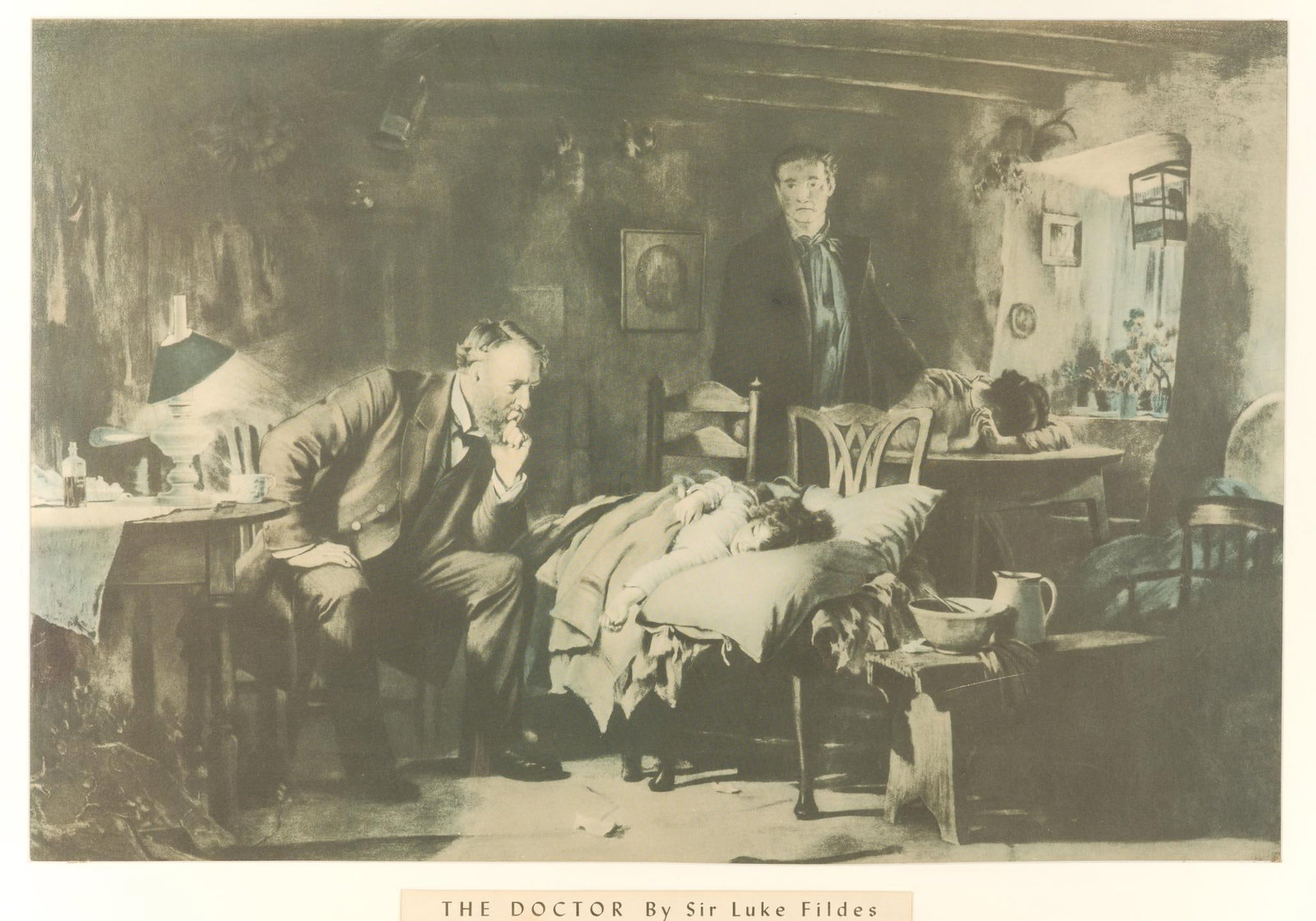 Photogravure After Sir Luke Fildes The Doctor: The publisher is believed to be Thomas Agnew & Sons, 1893. It has not been removed from the frame and matting for examination. The print size is 23 1/2" X 32", 31 1/2" X 41 1/2" framed size.